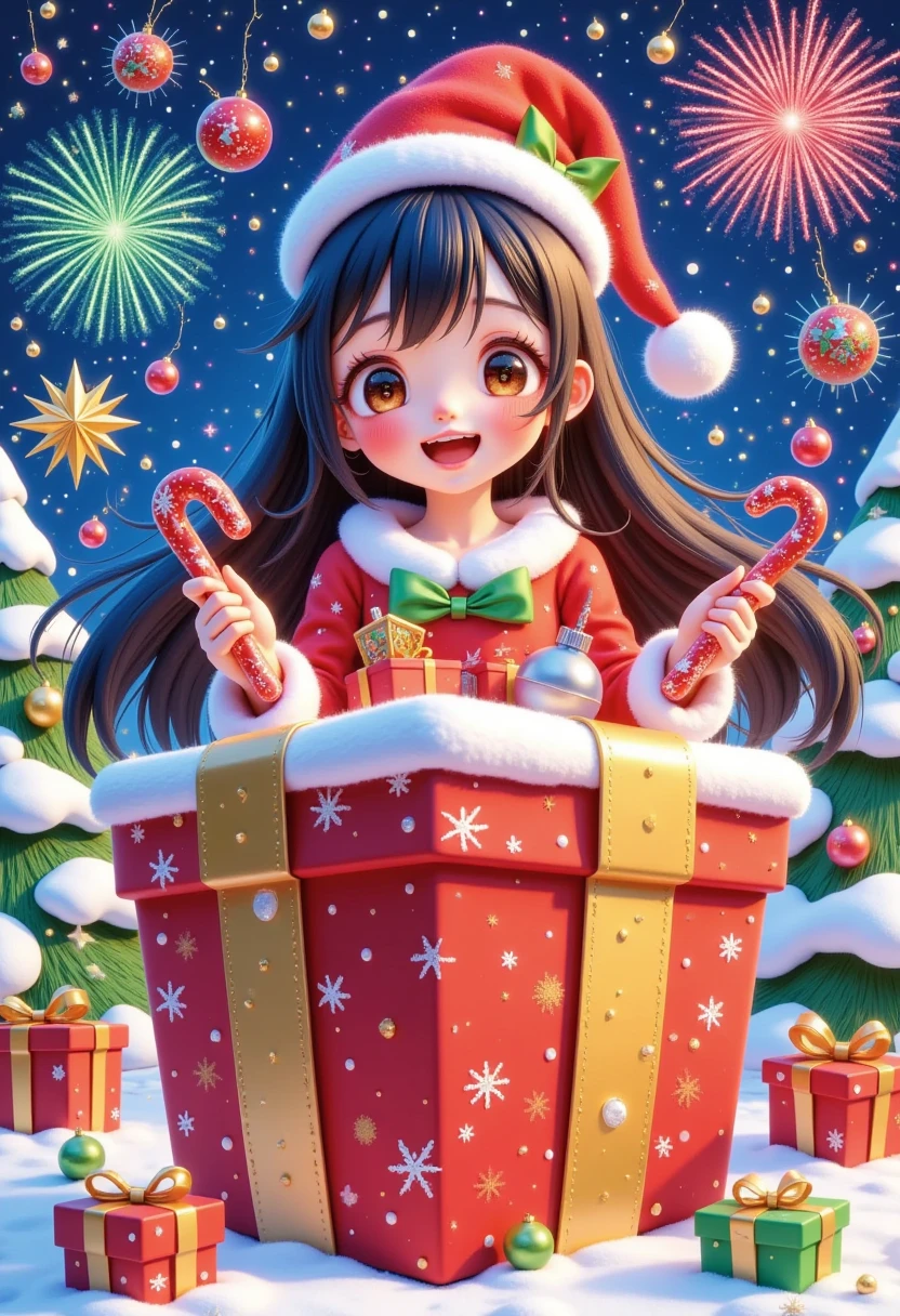  Design a vibrant and festive illustration， with a large gift box .  A happy girl coming out of the box ， with long black hair ，Dress up as Santa Claus,  with Christmas candy in hand .  Surround her with colorful fireworks exploding from the box ,  to create a vivid and eye-catching scene . Use bright,  festive color ，For example, the red , Green, Kaneko, Turning around with blue ， to make the design stand out .  illustration should be fun , fascinating,  A flyer perfect for a holiday theme ."