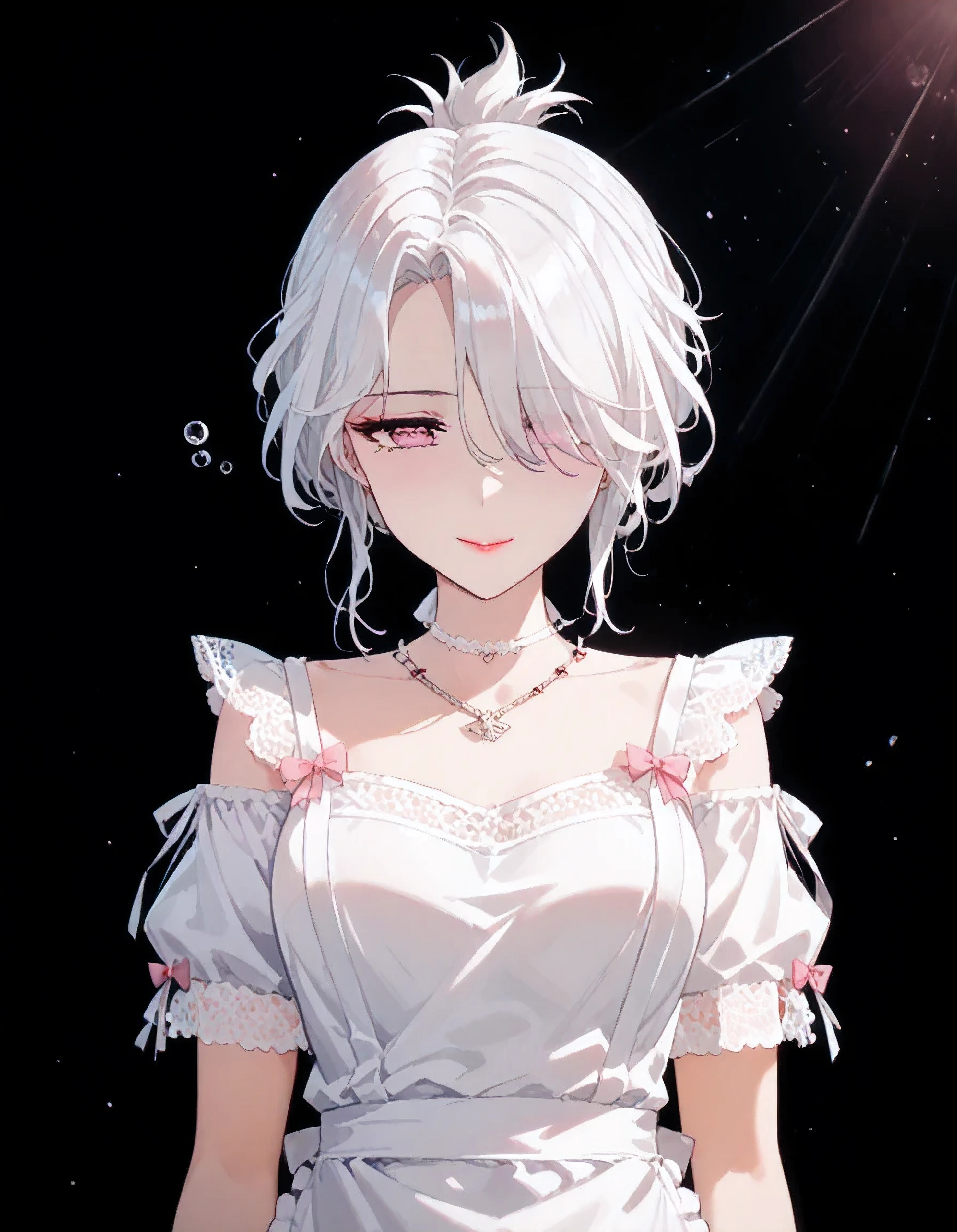UN\(EOE\),one girl,solo,best quality, masterpiece, ,,break,1girl,(dark background,dark conern,standing), (sunlight),,break, incredibly_absurdres, ,very high resolution, very aesthetic,by famous artist, 8k, 16k,,beauty illustration,photoshop_(small),,(pink eyes:1.2),(white hair|Detailed hair|short hair|shiny hair|curtained hair|folded ponytail),(bare shoulders,,Short sleeve,short apron,white lace gloves),POV,(sleepy, depressed,smile,jitome),dilated pupils, empty eyes,one mole under eye,tareme,hair strand, hair over one eye,intense angle,ribbon-trimmed sleeves,strap collar,waving,evil smile, naughty face, red lips