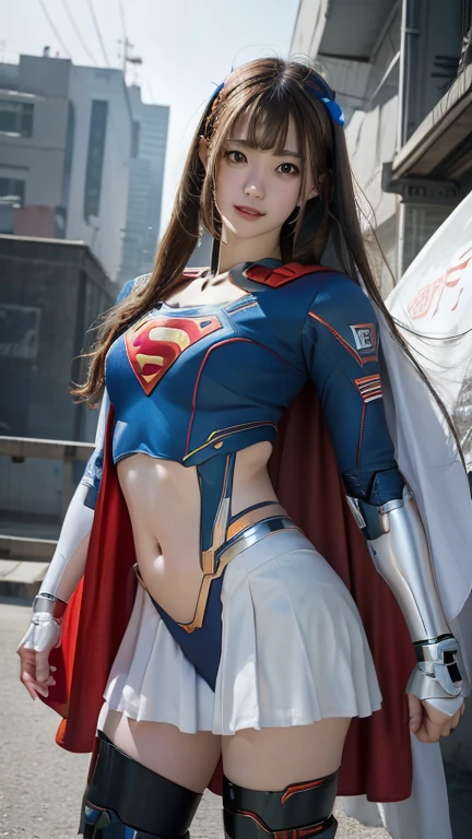 1 Girl, Beautiful, Russian Baby Face, 20 Years Old, White Skin, Large Colossal Chests, Posing, Cleavage, Sleeveless, ((Realistic Superman Suit)), ((Superman Cosplay)), ((muscles:1.3)), Top of The Mountain Background, Sexy Look, ((bokeh:1.1)), Very Long Hair, Hair Bangs, False Colour