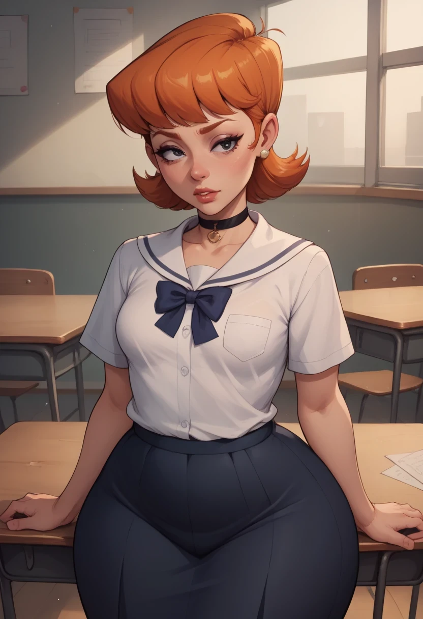 score_9, score_8_up, score_7_up, BREAK, 1girl, solo, black eyes. ginger. small saggy breasts. bbw. huge hips. dextersmom, makeup, jewelry, mature female, choker. Japanese school uniform. school. desk.