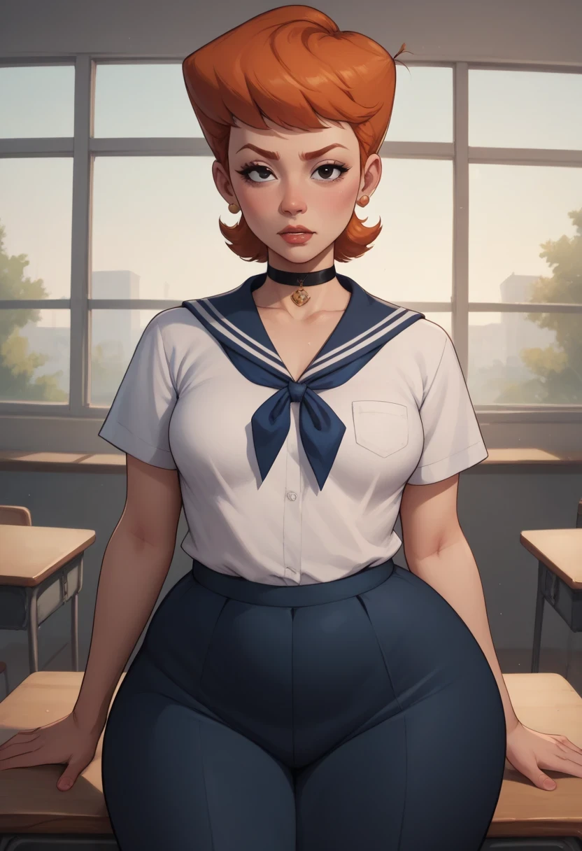 score_9, score_8_up, score_7_up, BREAK, 1girl, solo, black eyes. ginger. small saggy breasts. bbw. huge hips. dextersmom, makeup, jewelry, mature female, choker. Japanese school uniform. school. desk.