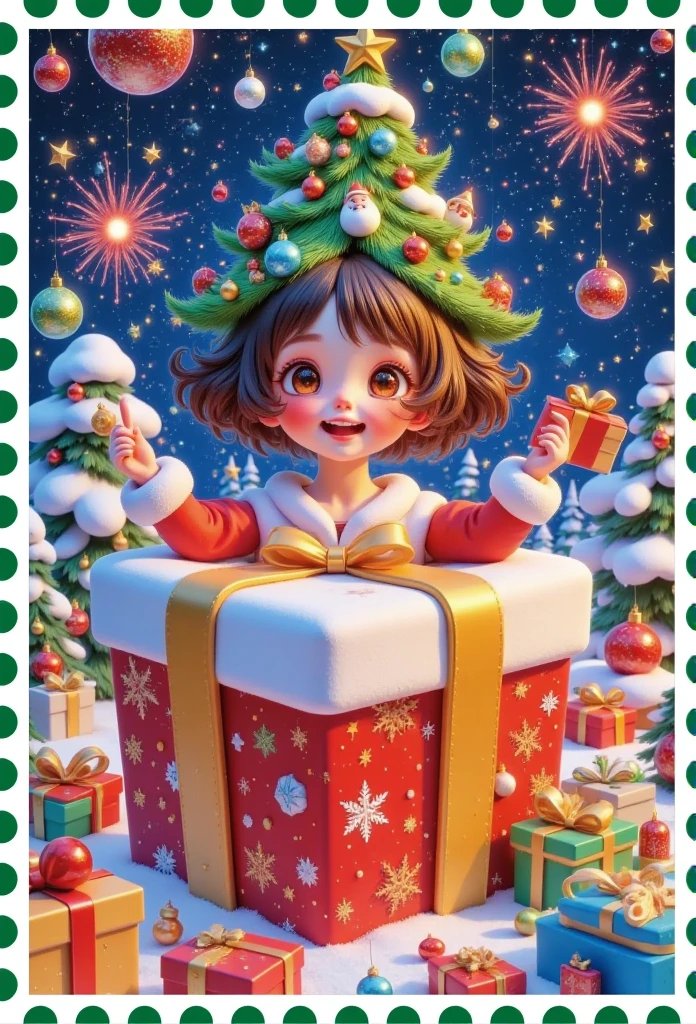  Design a vibrant and festive illustration， with a large gift box .  A happy girl coming out of the box ，A Christmas tree is worn on the head，Dress up as Santa Claus,  with Christmas candy in hand .  Surround her with colorful fireworks exploding from the box ,  to create a vivid and eye-catching scene . Use bright,  festive color ，For example, the red , Green, Kaneko, Turning around with blue ， to make the design stand out .  illustration should be fun , fascinating,  A flyer perfect for a holiday theme ."