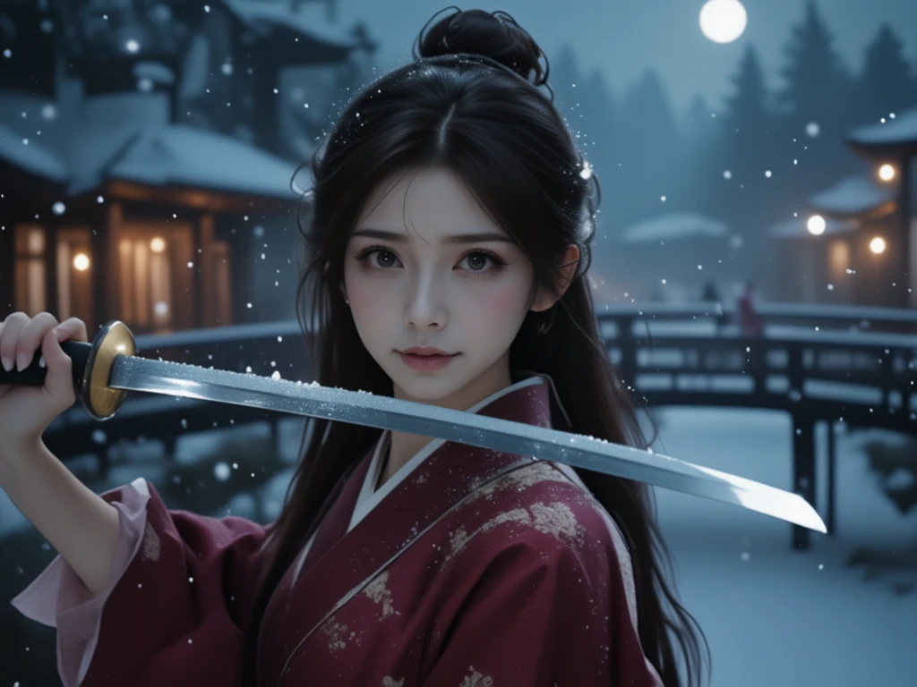 A cinematic close-up of a woman standing in a defensive posture, holding a katana horizontally in front of her face. Her right hand grips the hilt tightly near the guard, while her left hand supports the blade closer to the base, both hands steady and poised. Her long, flowing hair sways gently in the cold winter breeze, partially covering her sharp, focused expression. She wears a traditional deep burgundy kimono adorned with delicate floral patterns, complemented by a pale pink inner layer visible at the neckline. The background reveals a serene, snowy night with snowflakes gently falling, illuminated by the soft glow of a full moon. Behind her, a wooden bridge spans across the scene, blurred just enough to add depth without distraction. The katana reflects the moonlight and faint snowy glow, enhancing the dramatic tension. The camera angle is slightly diagonal, emphasizing the precise alignment of the blade and her face, with her intense focus directed slightly downward. The overall atmosphere is one of quiet elegance and restrained power, blending traditional Japanese aesthetics with cinematic drama