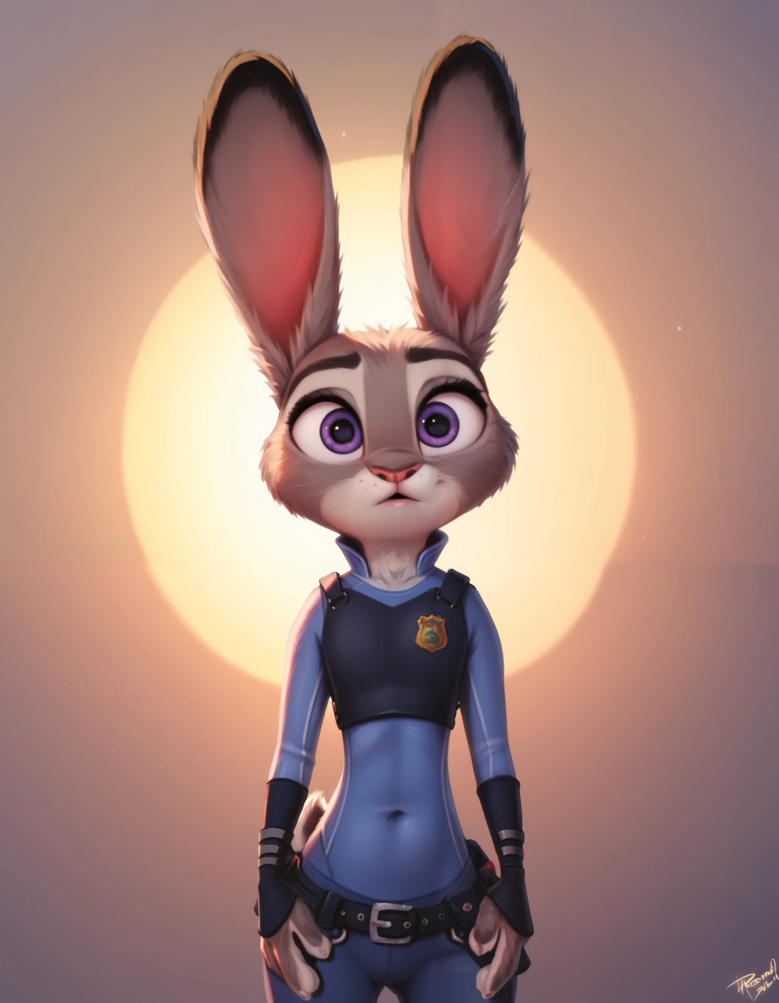 rating_safe, hoppsJudyzt,  judyhopps, ((slim judy hopps)), (front view), (cinematic lighting), backlighting, (shaded), detailed background, by dagasi, (by personalami), [by Ruan Jia],, (solo), photorealistic, hyperrealistic,