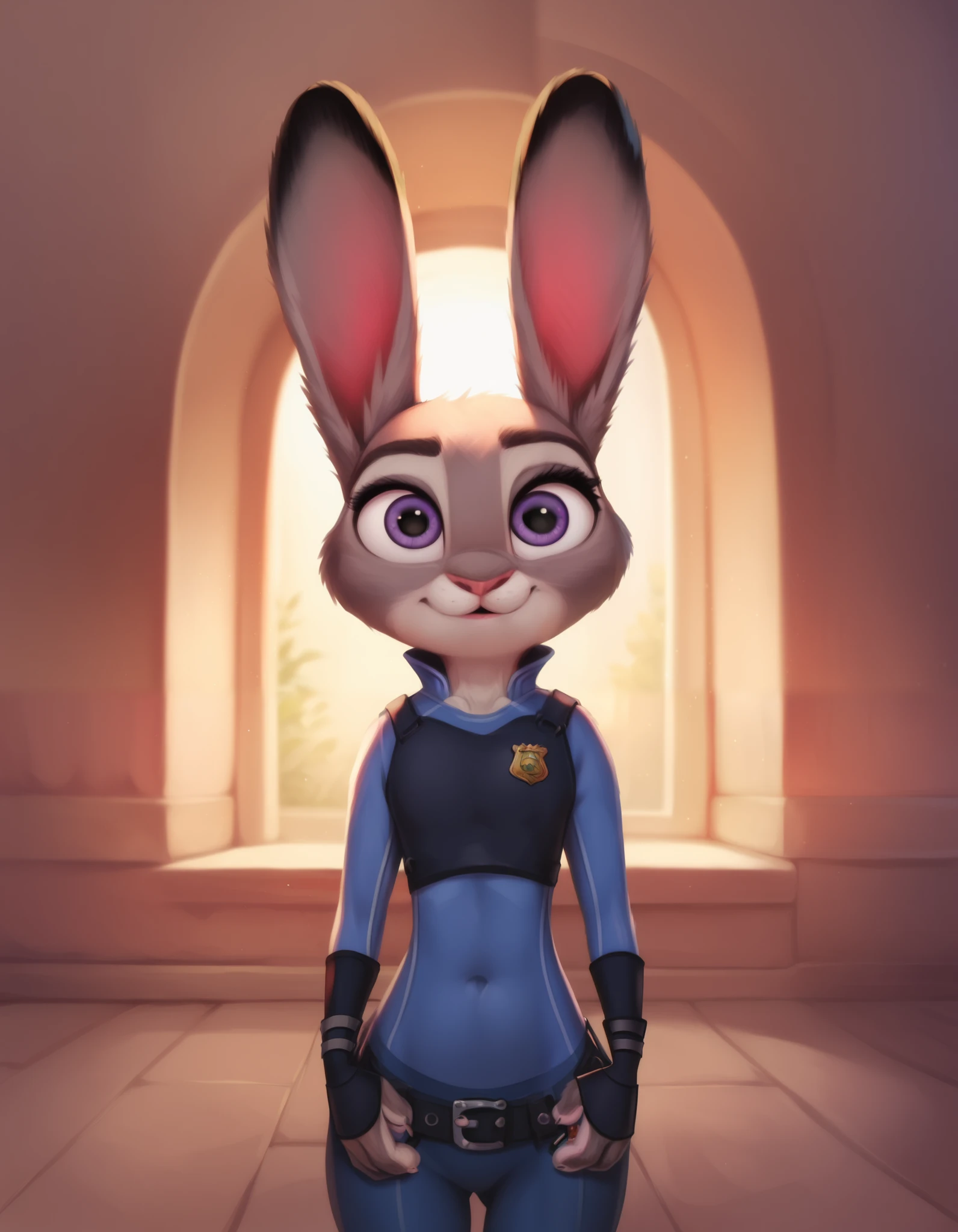 rating_safe, hoppsJudyzt,  judyhopps, ((slim judy hopps)), (front view), (cinematic lighting), backlighting, (shaded), detailed background, by dagasi, (by personalami), [by Ruan Jia],, (solo), photorealistic, hyperrealistic,