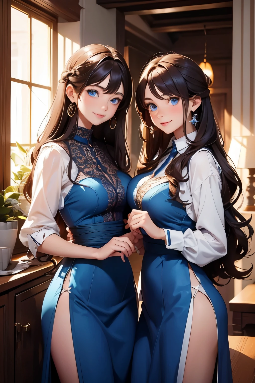 1girl in, animesque, Bethel, Blue eyes, Moist eyes, bbw, large full breasts, Long hair, brown haired, Hair over one eye, Bangs, One ear is visible, Big shirt, Solo, Unbuttoned shirt, cleavage of the breast, beautifull hands, perfect hands with no flaws, White shirt, bending forward,directly in front, Emphasize the chest with arms, Cat's ears, Smile, (masutepiece), (Best Quality), (ultra-detailliert), a park, Background, Sunset sky,