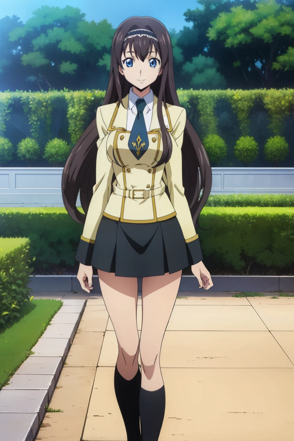  1 girl, cute, black hair, long hair, ((hair band)), (smile), (School Uniform, black skirt, knee socks), (Waving widely toward viewer), (In the garden), (anime cels style, Masterpiece, best quality, high resolution, anime colored, megami magazine:1.2, anime poster style, anime keyvisual, sharp, 8k, photorealistic), beautiful blue eyes, (perfect anatomy, perfect hand)