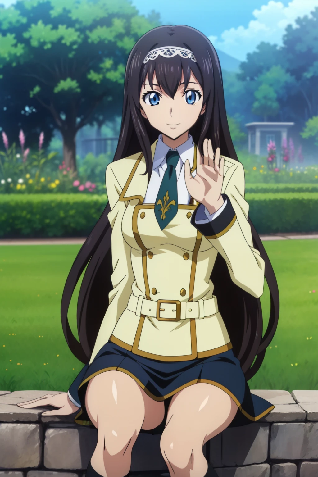  1 girl, cute, black hair, long hair, ((hair band)), (smile), (School Uniform, black skirt, knee socks), (Waving widely toward viewer), (In the garden), (anime cels style, Masterpiece, best quality, high resolution, anime colored, megami magazine:1.2, anime poster style, anime keyvisual, sharp, 8k, photorealistic), beautiful blue eyes, (perfect anatomy, perfect hand)