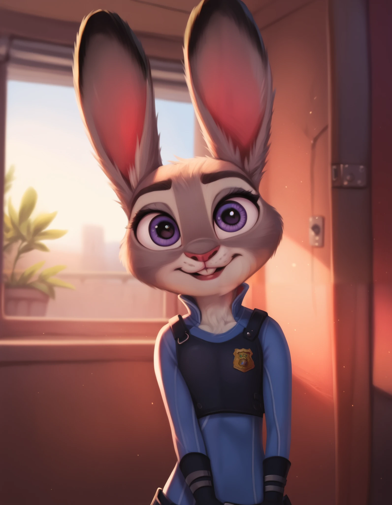 rating_safe, hoppsJudyzt,  judyhopps, ((slim judy hopps)), (front view), (cinematic lighting), backlighting, (shaded), detailed background, by dagasi, (by personalami), [by Ruan Jia],, (solo), photorealistic, hyperrealistic,