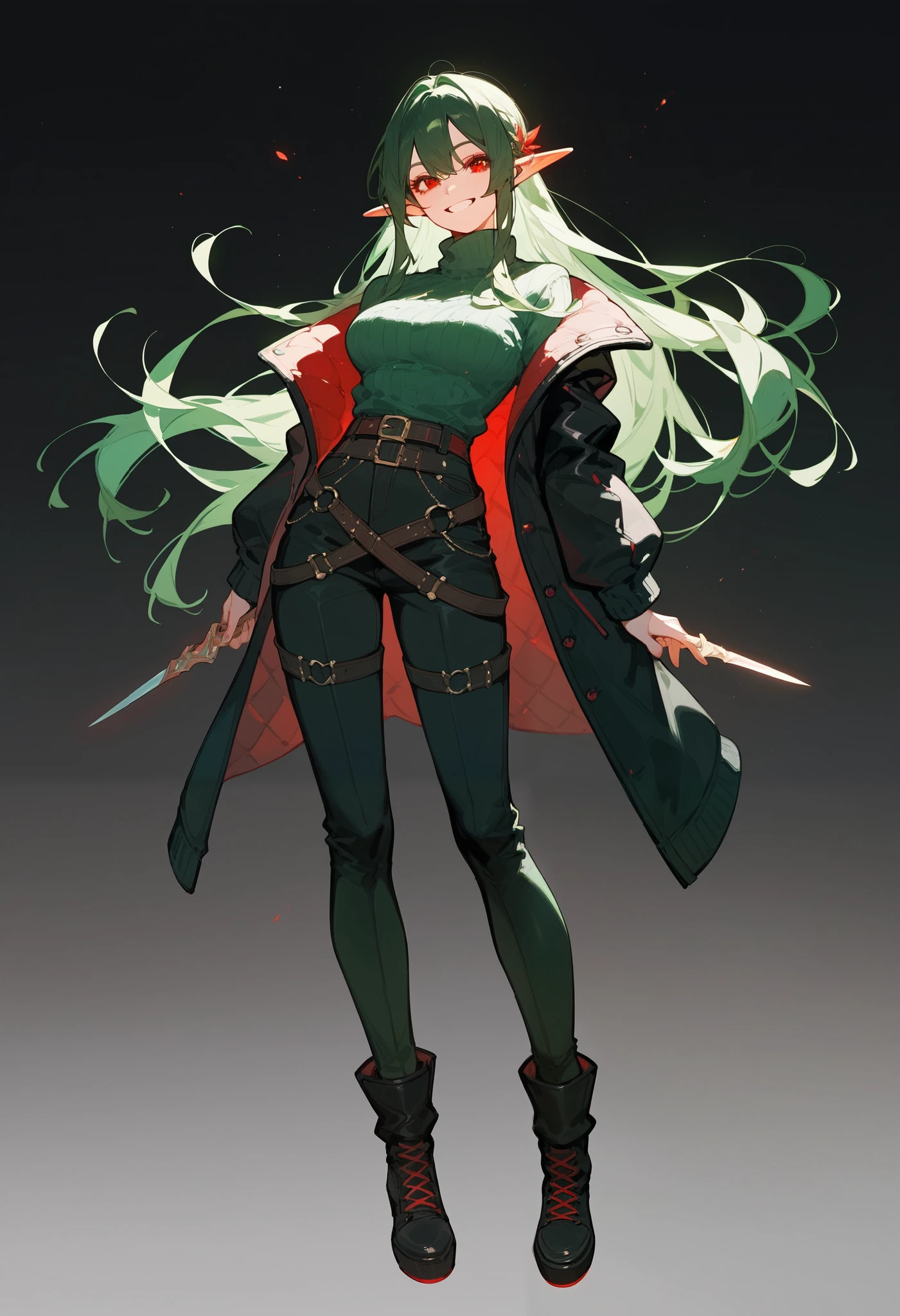 girl,Elf, dark green hair , in red eyes , Medium Breasts ,Green sweater , Short black jacket with long sleeves, dark edges,Long hair, Full Body Belt, grin smile , Trousers