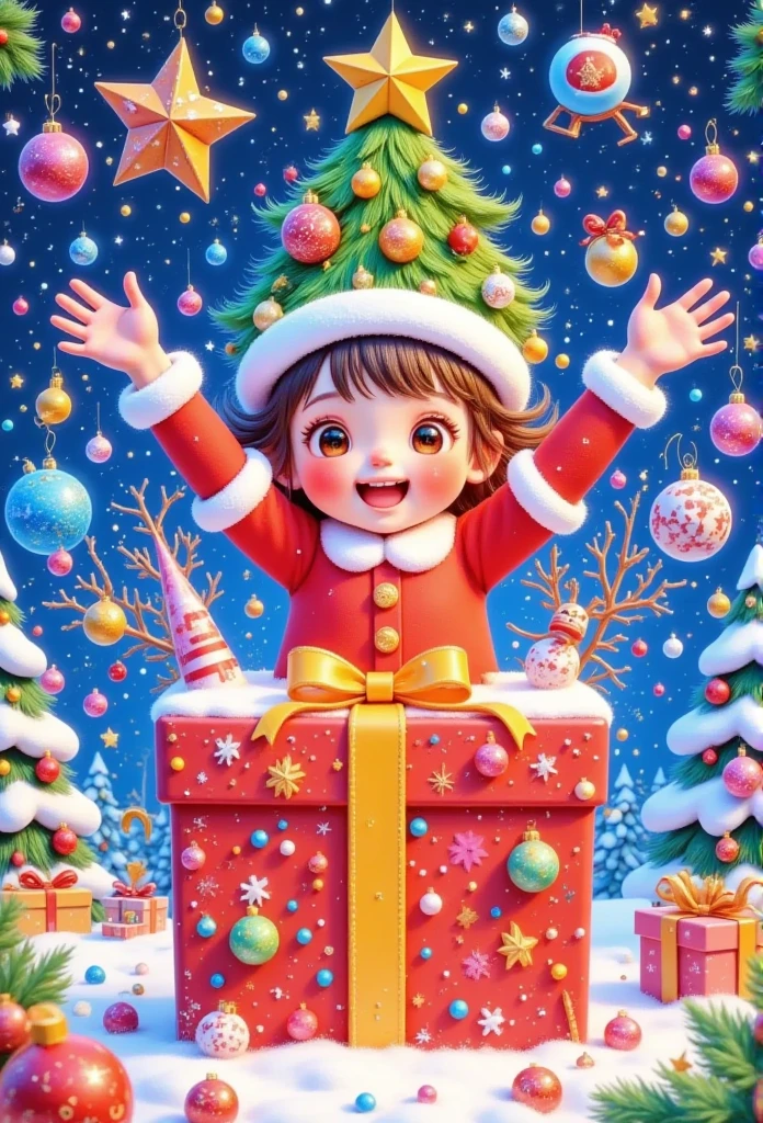  Design a vibrant and festive illustration， with a large gift box .  A happy girl coming out of the box ，A Christmas tree is worn on the head，Dress up as Santa Claus,  with Christmas candy in hand .  Surround her with colorful fireworks exploding from the box ,  to create a vivid and eye-catching scene . Use bright,  festive color ，For example, the red , Green, Kaneko, Turning around with blue ， to make the design stand out .  illustration should be fun , fascinating,  A flyer perfect for a holiday theme ."