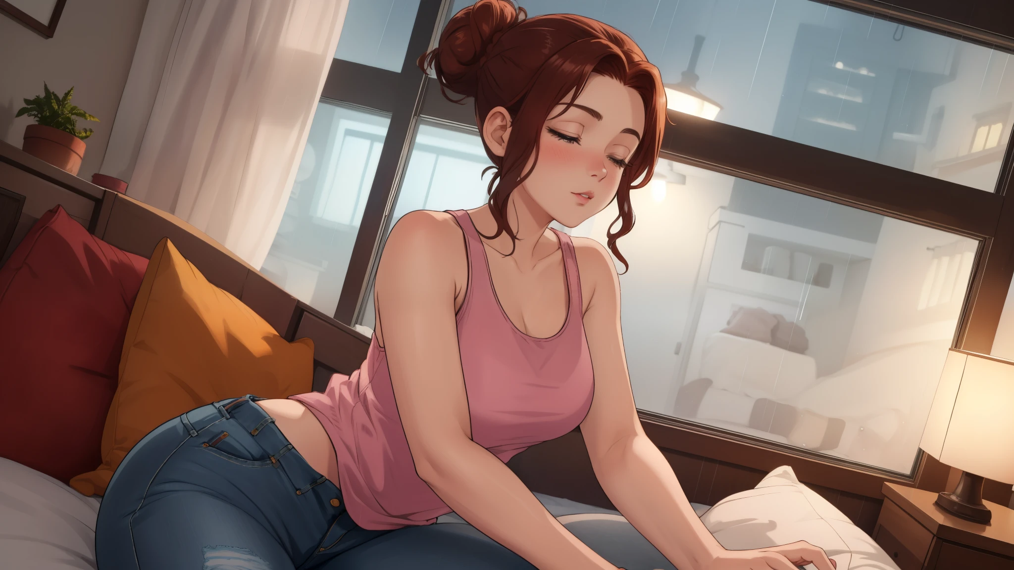 "A cozy room night scene rainy day featuring A woman with short wavy auburn hair tied in a loose bun, wearing a pink tank top and fit jeans
