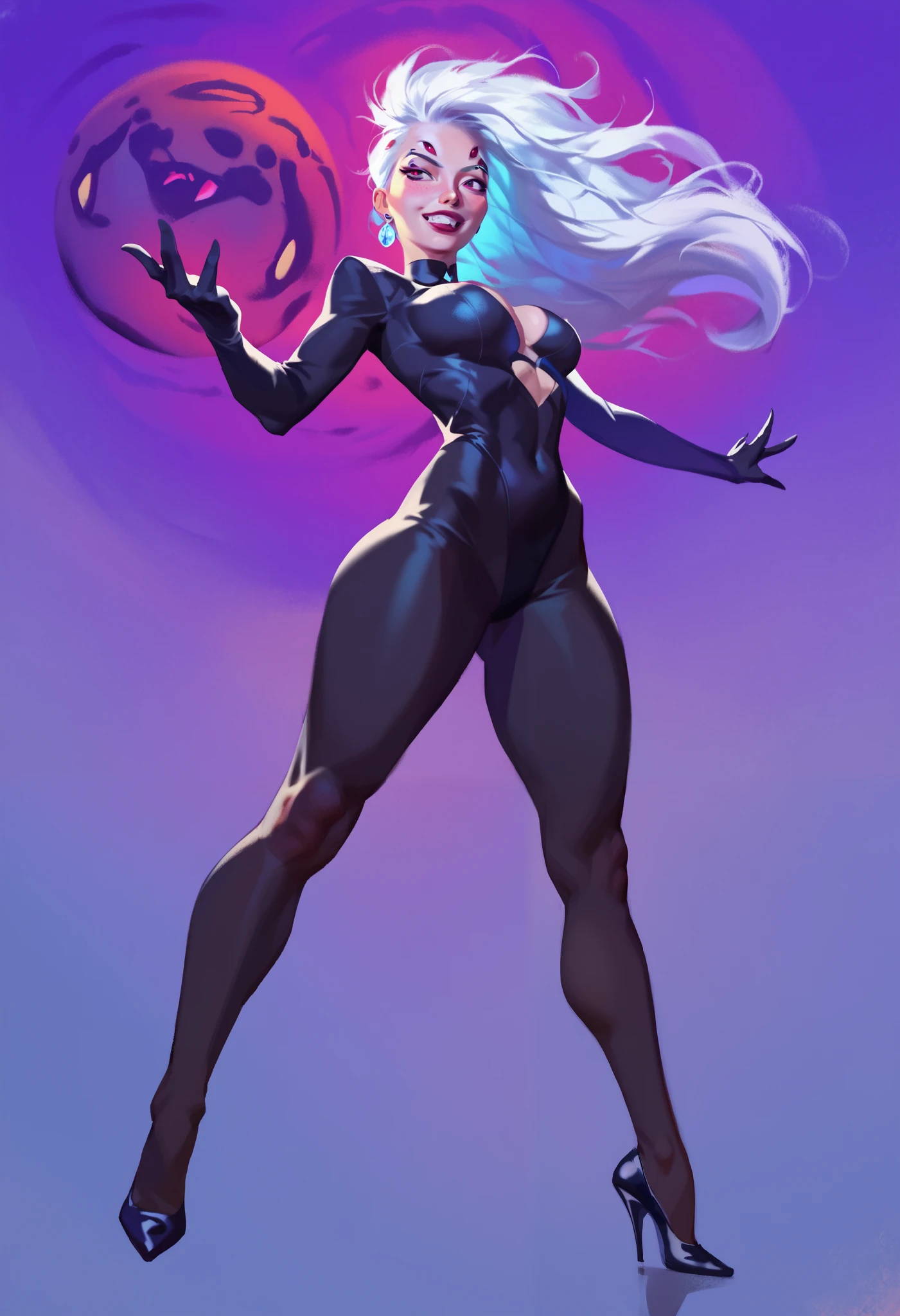 The character portrayed in the image presents an intriguing and mystical look . She has long white hair that flows elegantly . Her body is slender and is dressed in a tight black suit , that highlights your curves.
The most striking element is the presence of spiders , because she has several spider legs that emerge from her back , adding a supernatural touch to her appearance . Furthermore, her eyes are red and express an enigmatic air .
She's surrounded by cobwebs that further reinforce your connection with this topic. The background is simple , focusing attention on the central figure . The combination of human and arachnid elements creates an aura of mystery and power .
