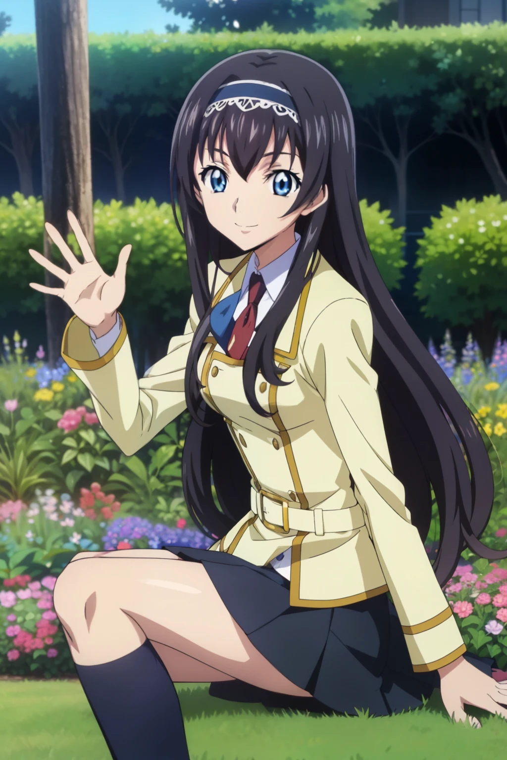 from side, 1 girl, cute, black hair, long hair, ((hair band)), (smile), (School Uniform, skirt, knee socks), (Waving widely toward viewer), (In the garden), (anime cels style, Masterpiece, best quality, high resolution, anime colored, megami magazine:1.2, anime poster style, anime keyvisual, sharp, 8k, photorealistic), beautiful blue eyes, 