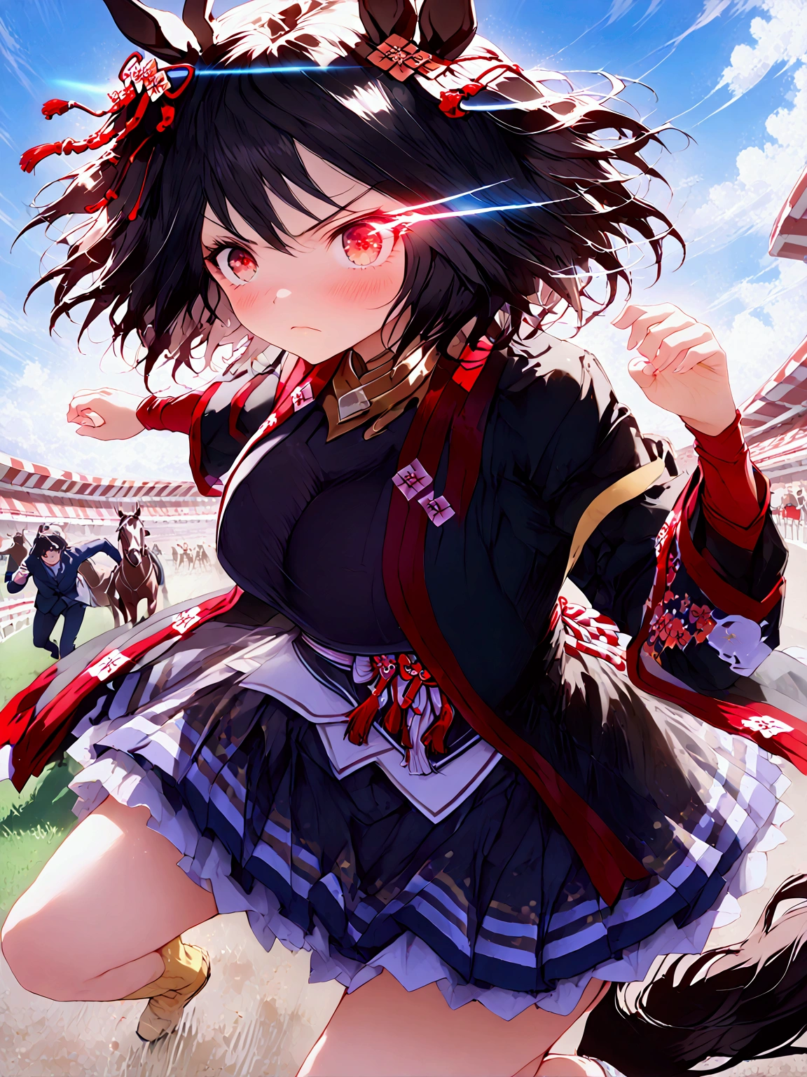 (((  kitasan black 1   )))、(((  black hair)))、(((White bangs)))、(((  short hair )))、((( Black and Red Horse Girl Skirt Costume )))、(((   I own a horse &#39;)))、  horse tail、(((((  Running Pose)))))、(((((run away)))))、(((Raise your knees)))、(((   Glowing Eye Trail    )))、(Glare with sharp eyes)、(frown)、(scowl)、(  Controlled Breathing  )、(  photo showing test style  )、((( excited)))、(((speed)))、((( blue sky)))、(((Turf)))、(((Racecourse)))、(((Many Horse Girls )))、「  top quality、  masterpiece  、   Illustration  、   so delicate and beautiful  、 非常に  Detailsな、CG、8k wallpaper、  wonderful、   Details、  masterpiece  、最高の究極の芸術 非常に  Detailsな CG Unity 8k wallpaper」、(Big Breasts)、(    Details Delicate Hair   )、( delicate skin )、(   Detailsで繊細な顔  )、(  Detailsで繊細な手 )、(   Details and Delicate Legs   )、(   Detailsで繊細な衣装)、(  perfect leg)、(Perfect Arms)、(   perfect face)、(  erect nipples  )、(  to show off her cleavage )、(Wind and thunder )