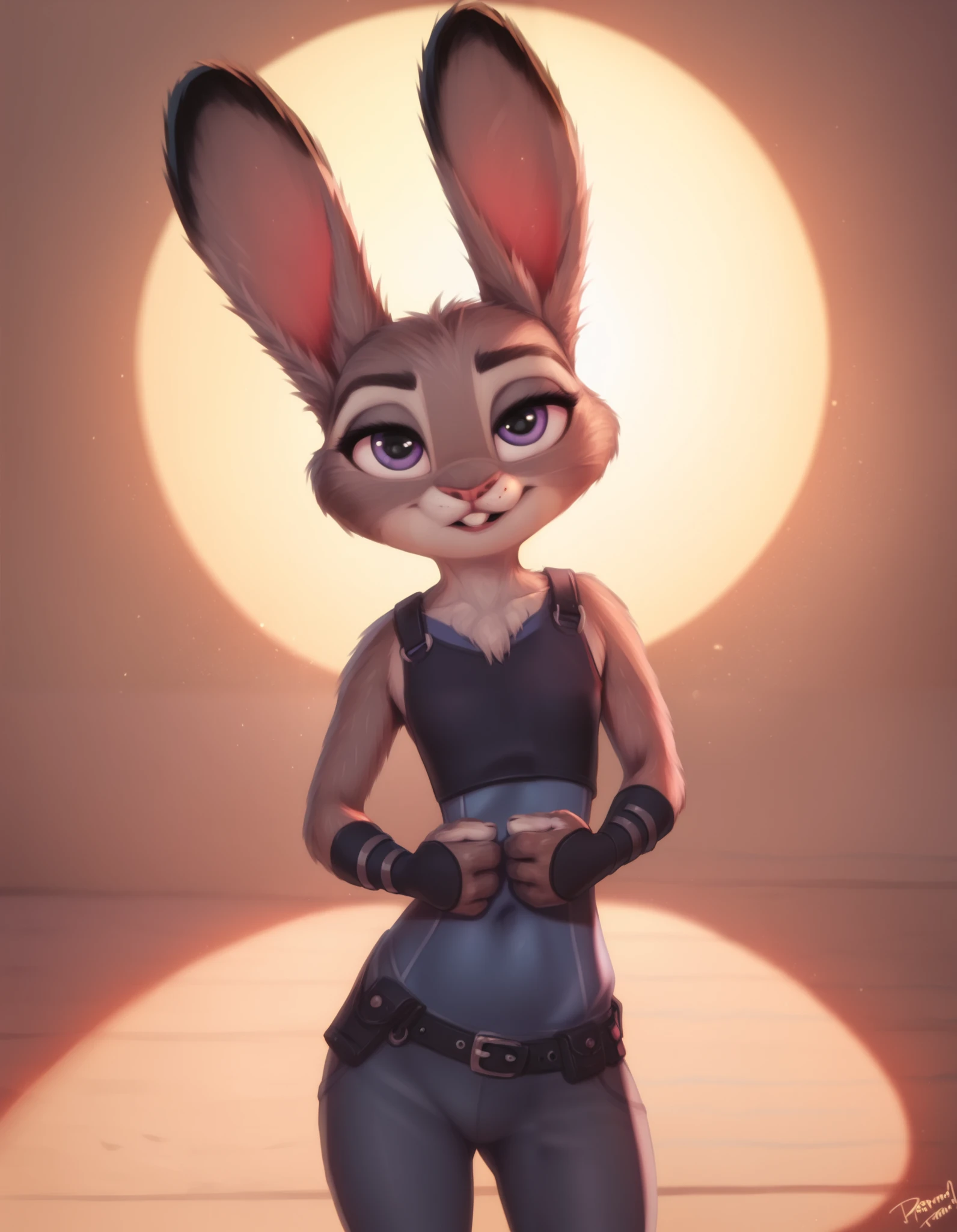 rating_safe, hoppsJudyzt, judyhopps, ((slim judy hopps)), (front view), (cinematic lighting), backlighting, (shaded), detailed background, by dagasi, (by personalami), [by Ruan Jia],, (solo), photorealistic, hyperrealistic,