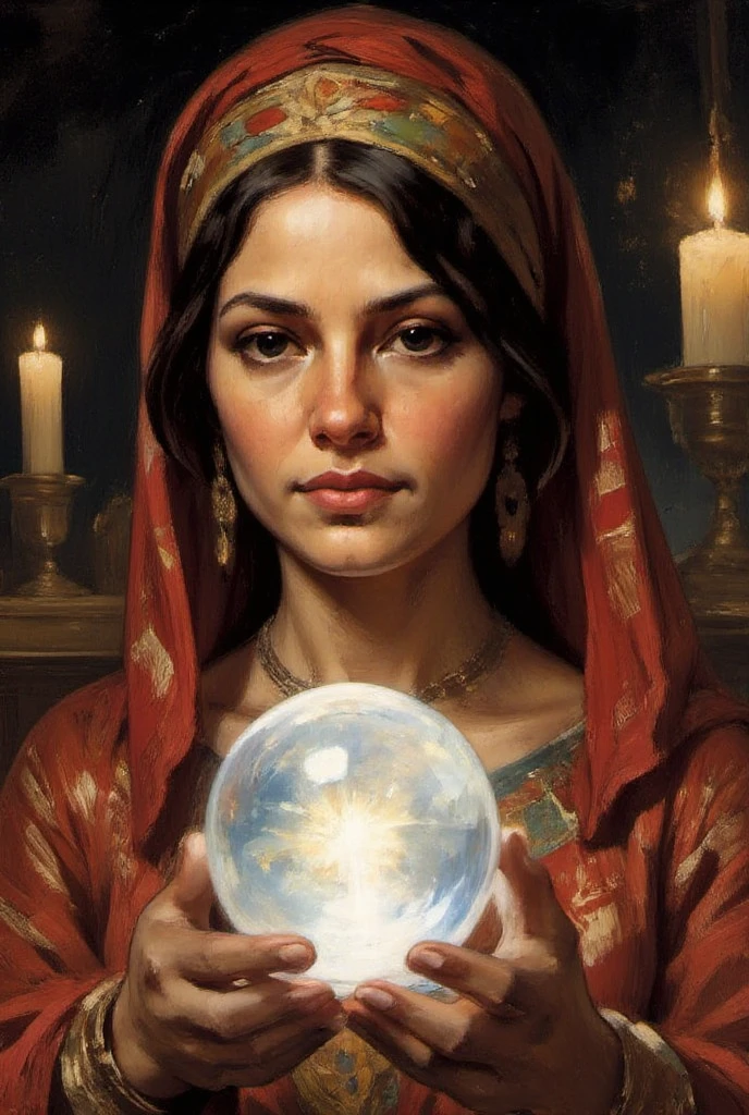 illustrated portrait of a gypsy fortune teller gazing into a crystal ball that shows a vision of your future