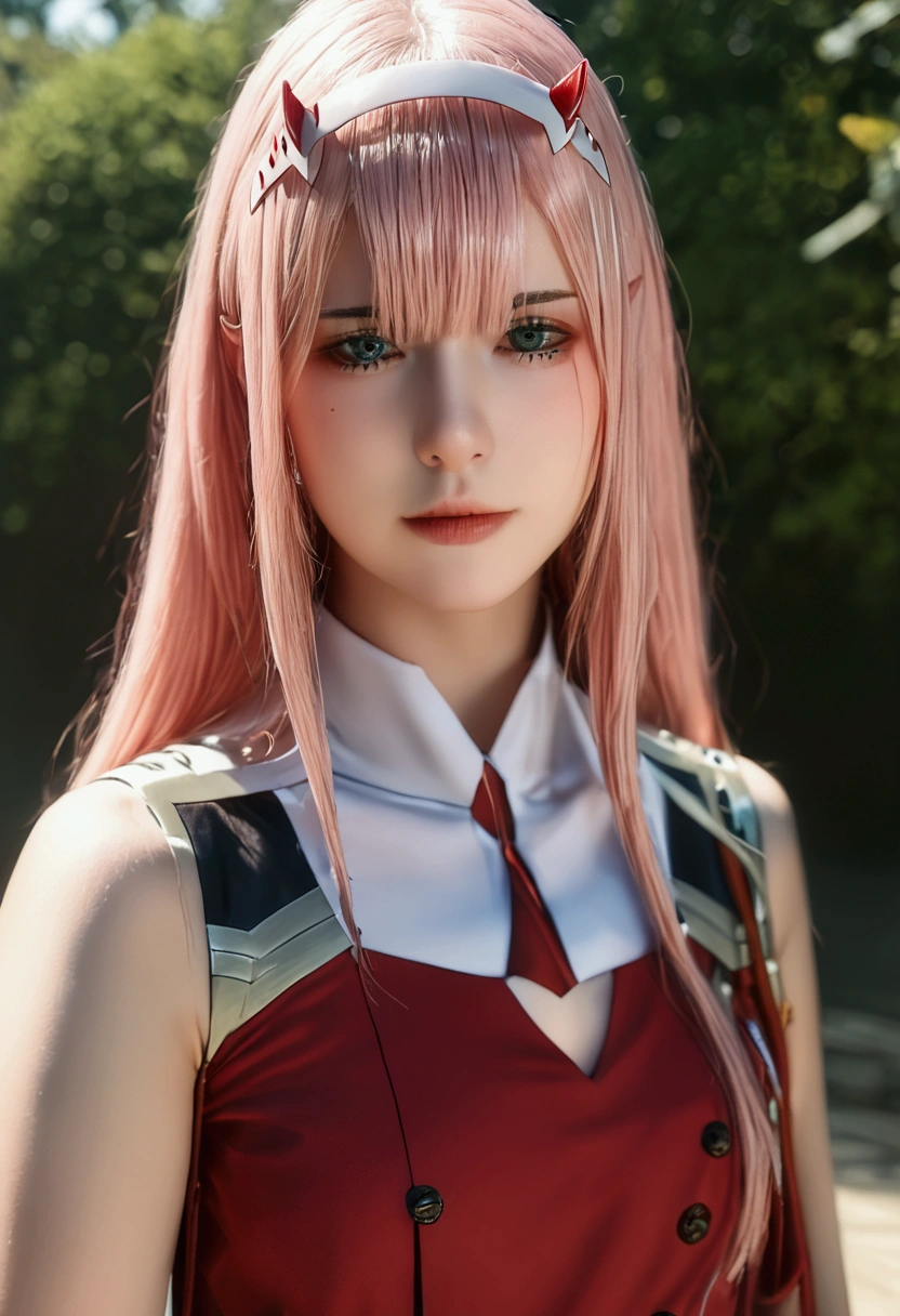 bmasterpiece、top-quality、hight resolution)、 Real life adaption for this character, Masterpiece, high quality, best lighting, cinematic, 1girl, zero two, pink hair, (perfect body), ((schoolgirl uniform)), looking at viewer, standing, outdoors