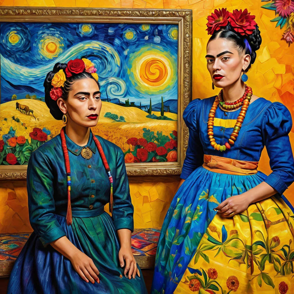 Frida Kahlo in the cactus garden drinking mezcal and smoking cigarettes with a Diabla woman who looks a lot like her, they both have many arms and look very happy to have met in the style of Remedios Varo and Leonora Carrington