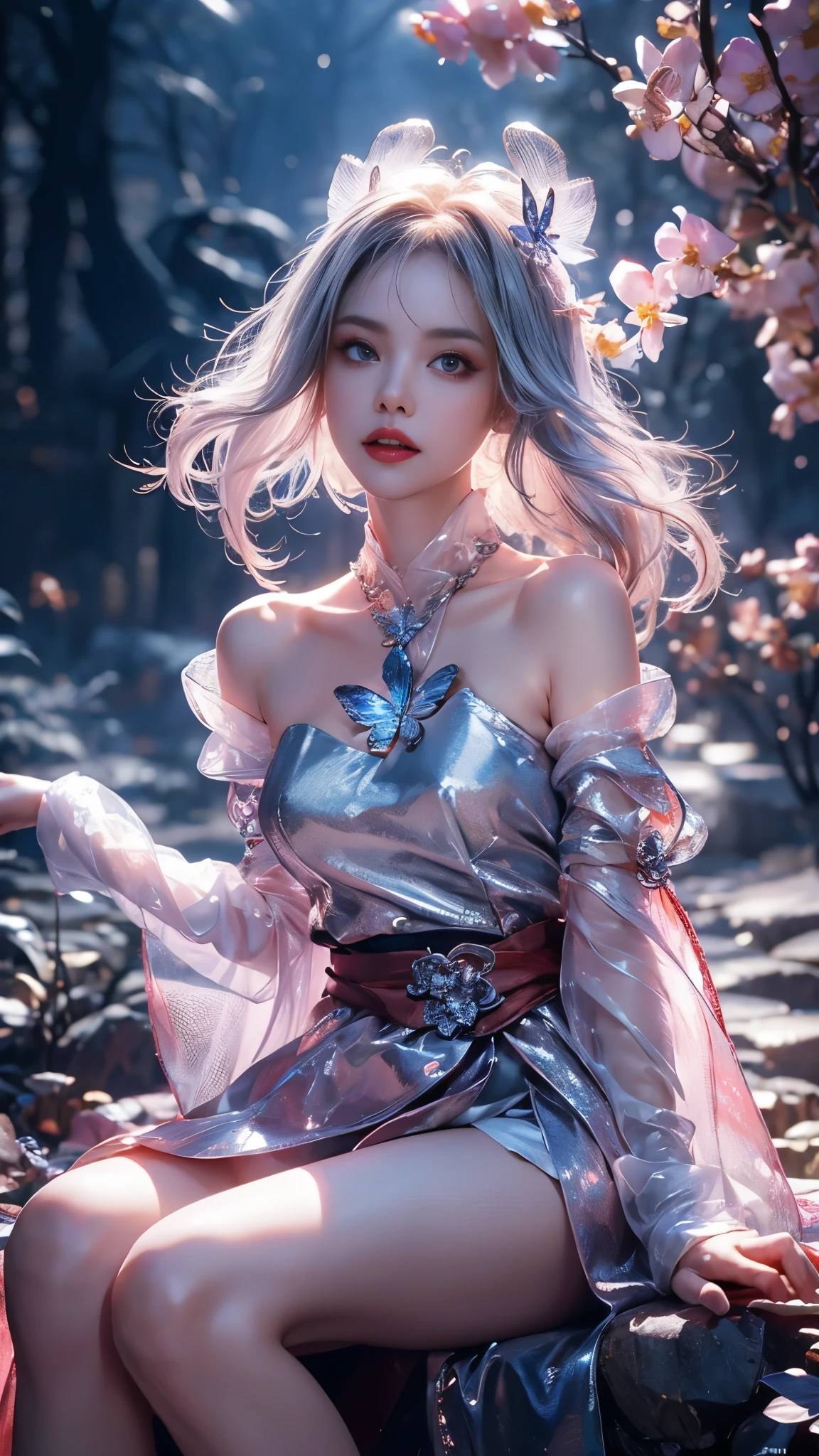 <lora:xishi-09:0.8>,masterpiece,best quality,super high resolution,best quality,4k,(Realistic:1.2),xishi,1girl,blue eyes,solo,white hair,long hair,detached sleeves,looking at viewer,dress,butterfly,white dress,thighhighs,hair ornament,lips,bare shoulders,petals,detached collar,squatting,_open_legs,