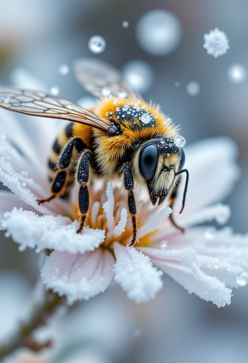 Capture a dramatic macro photograph of a bee perched on a frosty flower during a snowfall. The bee’s fuzzy body is coated with tiny, delicate snowflakes and glistening ice crystals, each displaying intricate and unique patterns against its golden and black stripes. Its partially frozen wings catch the diffused, cool light, creating faint reflections, while the fine hairs and segmented legs gripping the icy flower are sharply defined. Snowflakes are captured mid-air, tumbling gently, with a few settled on the petals and the bee, adding to the wintry ambiance. The flower, lightly encased in frost, reveals vibrant hints of its natural color beneath the icy coating, with fine veins and textures visible under the soft lighting. The background is softly blurred, fading into muted whites and pale blues to evoke a serene, snowy setting. The lighting is diffused and cold, enhancing the frosty textures and casting gentle highlights on the snowflakes and ice. This composition captures the resilience and delicate beauty of the bee amidst the tranquil yet harsh winter landscape, blending vibrant detail with the stillness of a snow-covered scene.