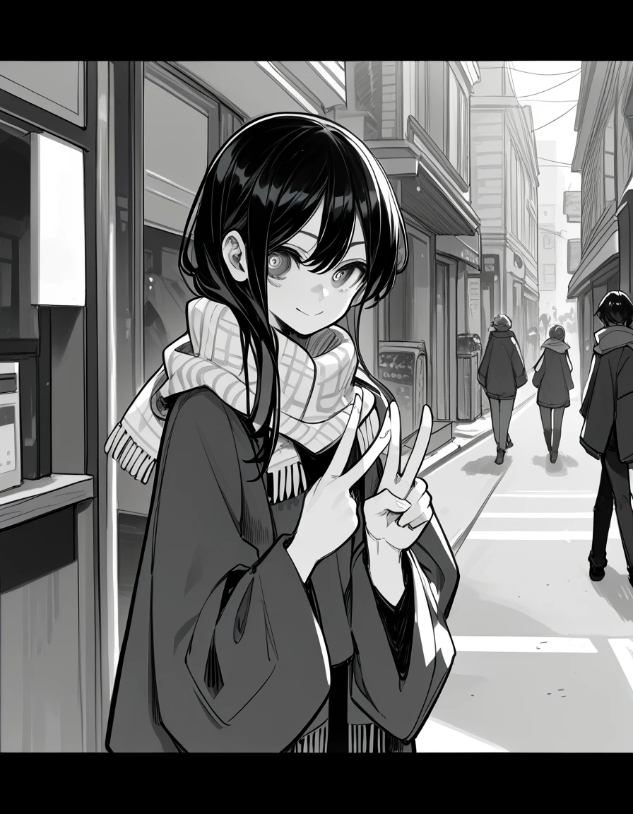 score_9,score_8_up,score_7_up,score_6_up,score_5_up,highres, comic,((monochrome,greyscale)),manga, 1femboy,very long hair, black hair,double v, gentle smile,haori,scarf,street,stealth, right eye black,left eye gray, elegance