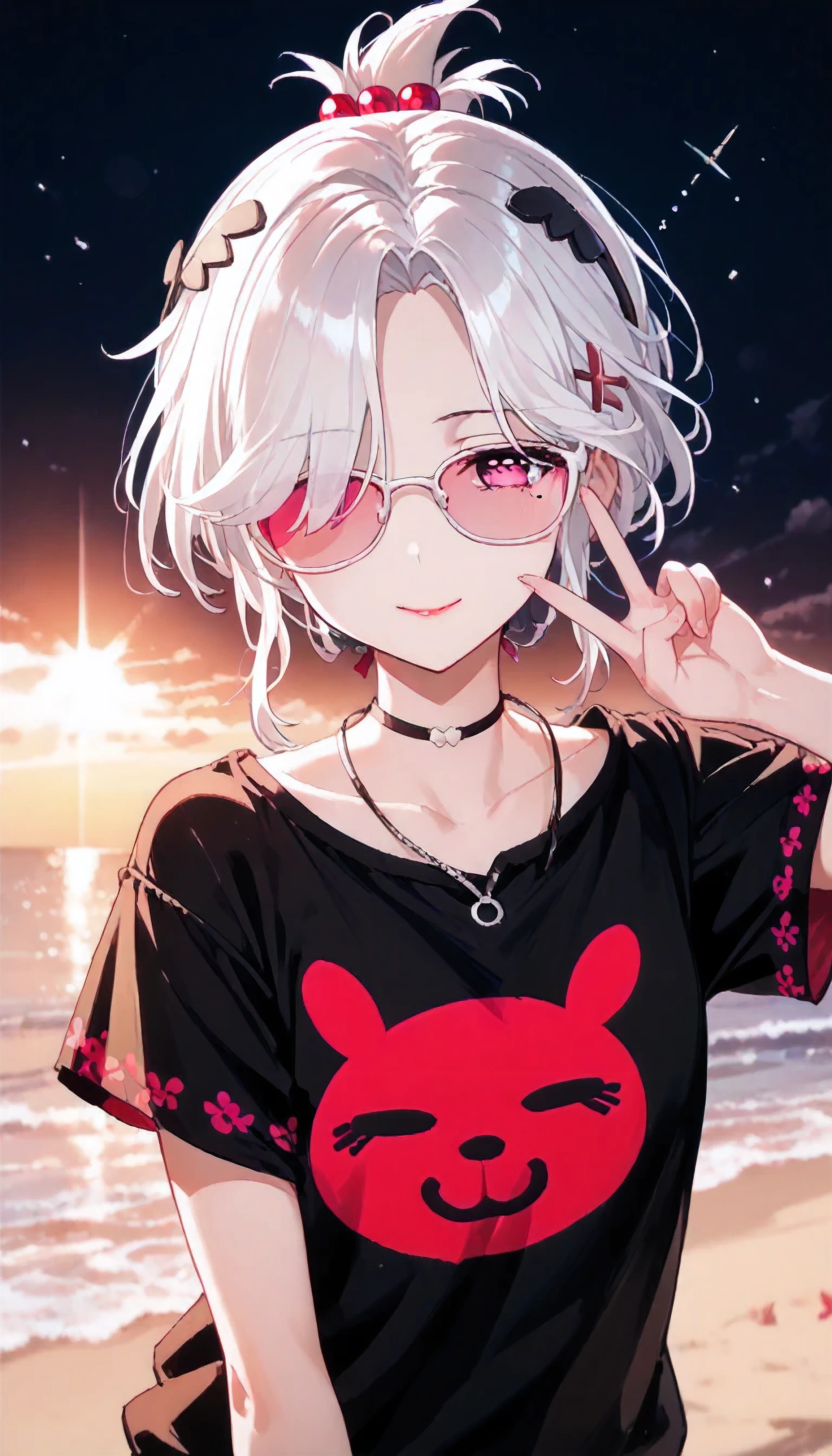 UN\(EOE\),one girl,solo,best quality, masterpiece, ,,break,1girl,(beach background,dark sky,standing), (sunlight),,break, incredibly_absurdres, ,very high resolution, very aesthetic,by famous artist, 8k, 16k,,beauty illustration,photoshop_(small),,(pink eyes:1.2),(white hair|Detailed hair|short hair|shiny hair|curtained hair|folded ponytail|sidelocks|covered ears),(orange and black hoodie with dot print,Short sleeve,pink sunglasses,short shirt),POV,(sleepy, depressed,smile,jitome),dilated pupils, empty eyes,one mole under eye,tareme,hair strand, hair over one eye,intense angle,ribbon-trimmed sleeves,strap collar,peace sign,evil smile, naughty face, red lips,hair bobbles, x hair ornament