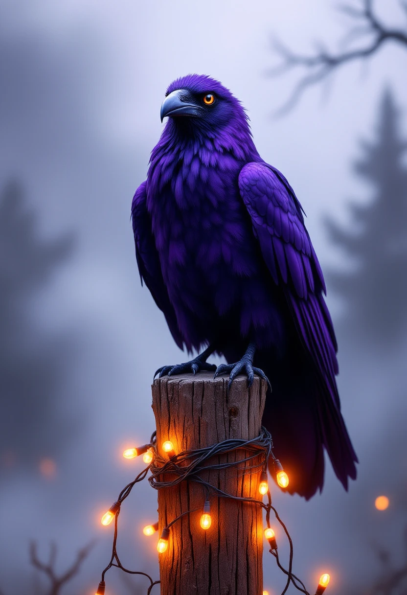 Create a hyper-stylistic image of a majestic purple raven perched atop a wooden post, wrapped in a garland of orange Halloween lights that seem to cast a warm, eerie glow. The raven's plumage is a rich, deep purple, with subtle shading and texture that gives it a lifelike quality. The wooden post is weathered and worn, with intricate details and textures that suggest age and decay. The fog that blankets the scene is thick and impenetrable, with tendrils that seem to curl and twist around the post like living vines. The overall effect is a haunting, atmospheric image that combines the mystery of the raven with the magic of the Halloween season. highest-Quality, intricate details, visually stunning, Masterpiece
