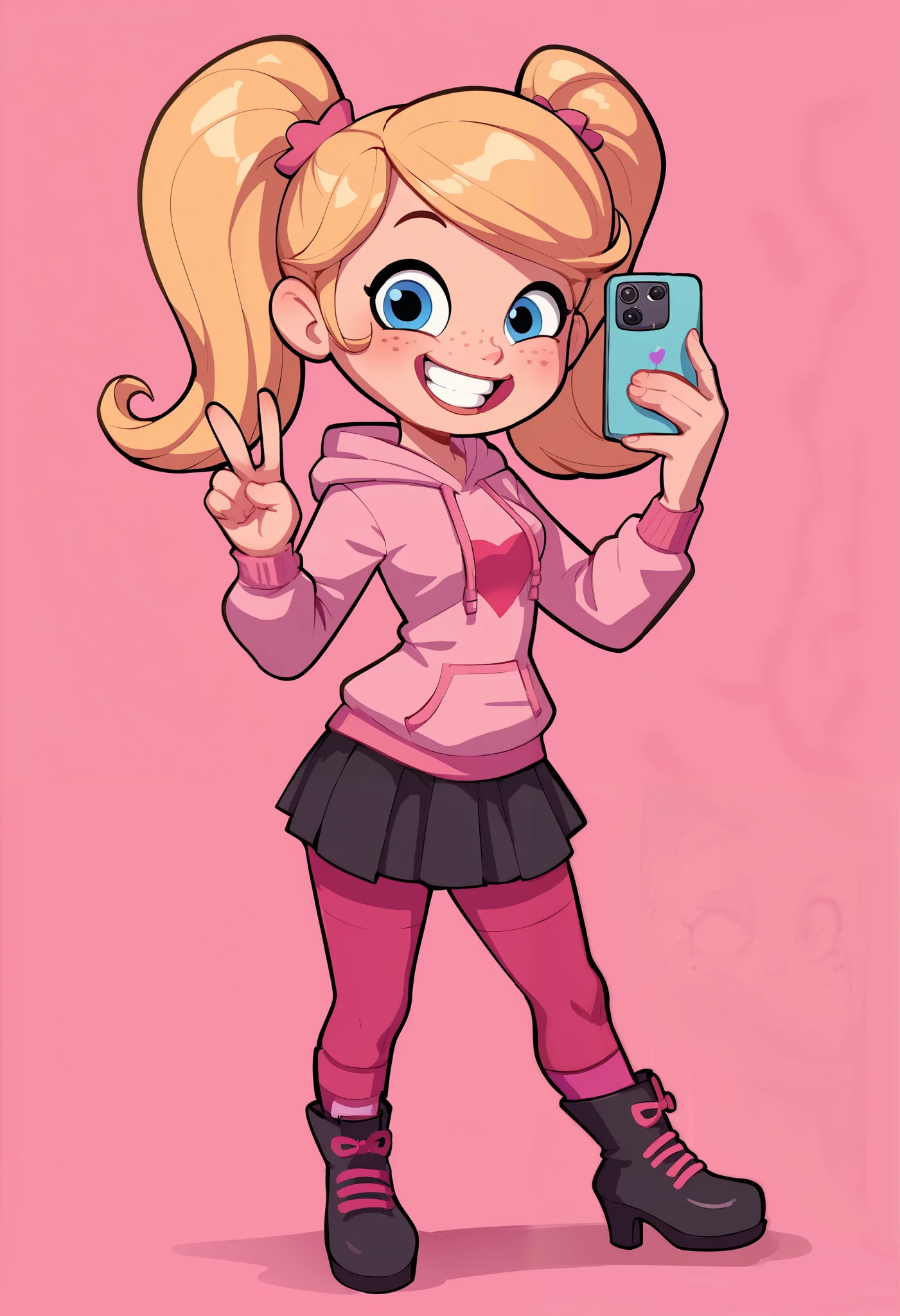 1girl, full body, solo, penny peterson, blue eyes, freckles, blonde hair, twintails:1.5, lavender glasses, bright pink hoodie, dark lavender pleated skirt, maroon leggings, pink wide heeled boots, cute smile, one hand on hip, happy, teeth, joyful, ,excited expression, selfie, holding a pink phone, peace sign, Pink background.