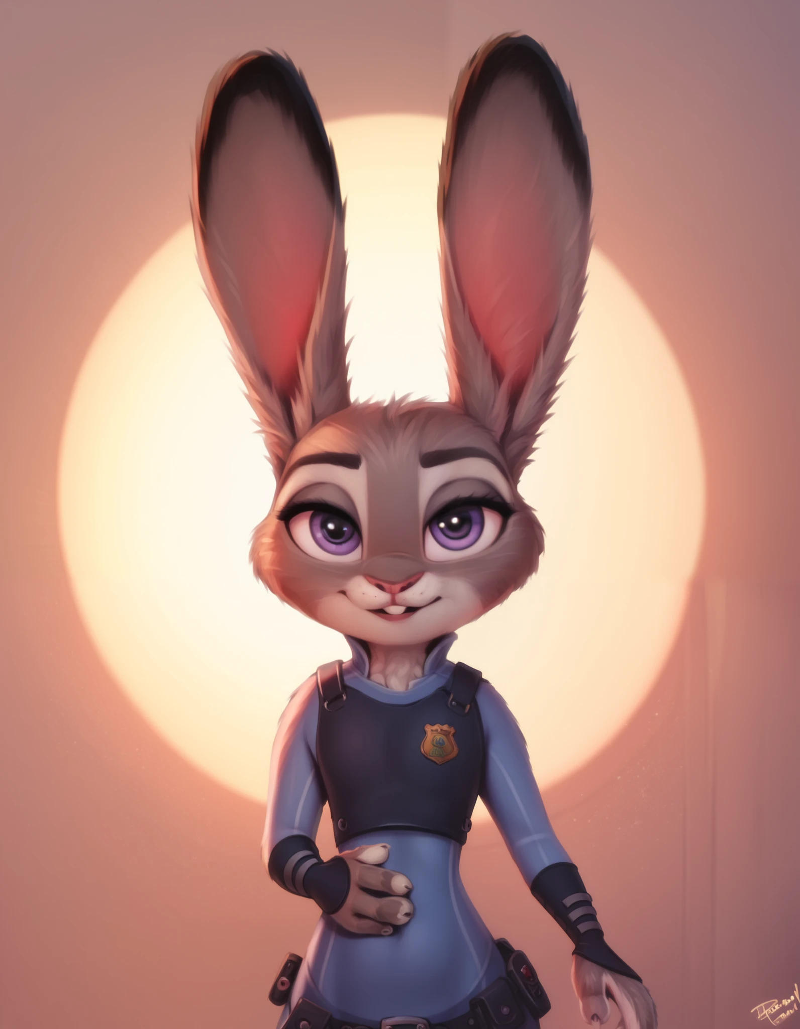 rating_safe, hoppsJudyzt, judyhopps, ((slim judy hopps)), (front view), (cinematic lighting), backlighting, (shaded), detailed background, by dagasi, (by personalami), [by Ruan Jia],, (solo), photorealistic, hyperrealistic,