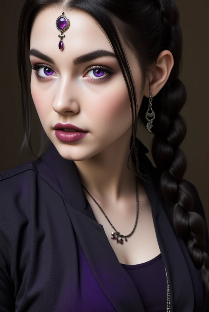 A hyper-realistic and highly detailed portrait of Shadowheart from Baldur's Gate 3. She is a half-elven cleric with an enigmatic and intense demeanor, her pose exuding power and grace. Her facial structure is refined and soft, with high cheekbones that are subtly rounded and diminished in prominence, leading to a jawline that tapers gently into a delicate chin. Her skin is pale with a slight silvery tint, marked by the subtle texture of small scars and freckles near her temples, adding depth and realism. Her nose is narrow and straight, with a gentle upward slope at the tip, lending an air of elvish elegance.

Her lips are full and naturally shaped, with a slight downward curve at the corners, painted in a soft burgundy shade that enhances her serious expression. Her violet eyes glow with an unearthly glow, as if illuminated by a mystical force, against the dark sclera that adds to their otherworldly allure. Her arched eyebrows are dark and well-defined, giving her an air of perpetual focus and authority.
Her hair, jet black and glossy, is braided into an intricate, heavy braid that falls neatly down her back, with a few loose strands artfully framing her softened face. The strands shimmer slightly in the dim light, highlighting the realistic texture of her straight hair. Her progressively pointed ears peek out from beneath her fringe of hair, adorned with silver crescent-shaped earrings that are small and delicate, subtly catching the light.
She wears a delicate gothic-style diadem around her forehead, made of deep red silver and adorned with a single amethyst gemstone that reflects the same ethereal glow as her eyes. Her expression is a perfect blend of aesthetic resolve and hidden vulnerability, her lips tense as if they hold untold secrets. Shadows and soft lighting contour her face, highlighting every soft curve, making her appear ethereal and hauntingly lifelike. Chubby CHUBBY CHUBBY. Full body view. Viewer 5 meters back.