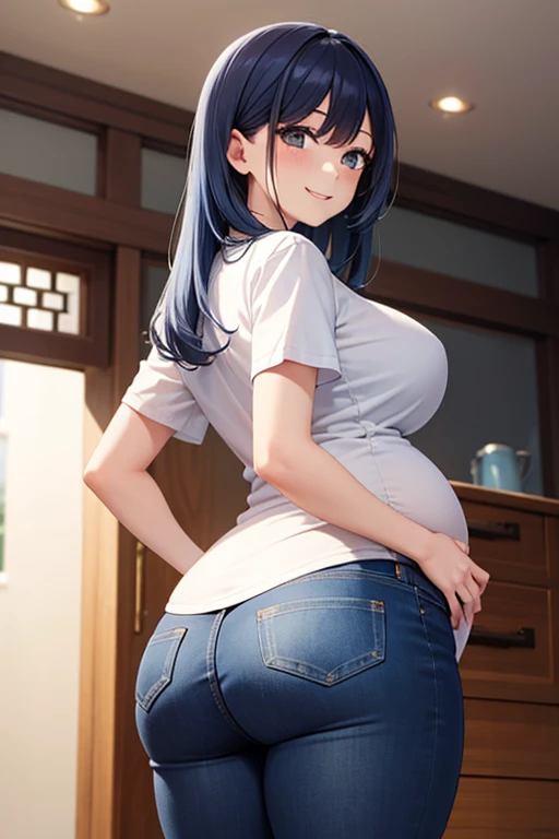   a woman, aldult,， Amyo Kurokawa ， Long blue hair, Smile,   white shirt  , Roll up your sleeves,   ,    blue jeans  ,   showing her butt  ,  Round Hips  , 4K，huge pregnancy