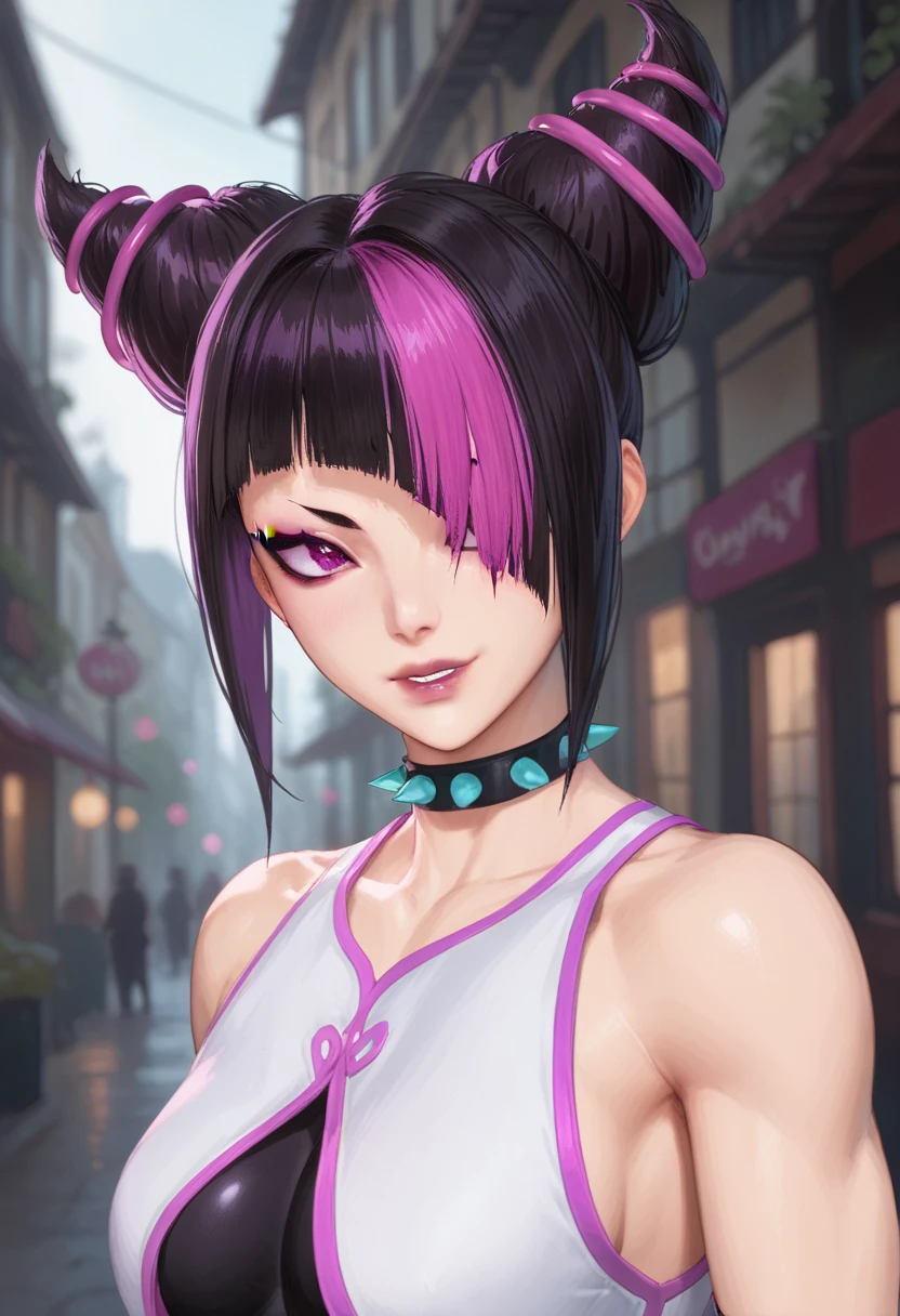 (masterpiece, best quality:1.2), 1girl, solo, Juri Han from Street Fighter 6, Standing in the center of a dimly lit room is Juri. Her hair is styled into two large buns on either side of her head, with pink and purple streaks adding a pop of color to her dark locks. She looks directly at the camera, her expression serious but intriguing. She is dressed in an outfit that contrasts sharply with the muted tones of the room. The top half of her body is white, adorned with pink and purple accents that echo the colors of her hair. A choker around her neck adds a touch of elegance to her look. The background is blurred, drawing the focus to her, but it appears to be an indoor setting with large windows letting in natural light. The overall atmosphere suggests a scene from a video game or a stylized photograph.