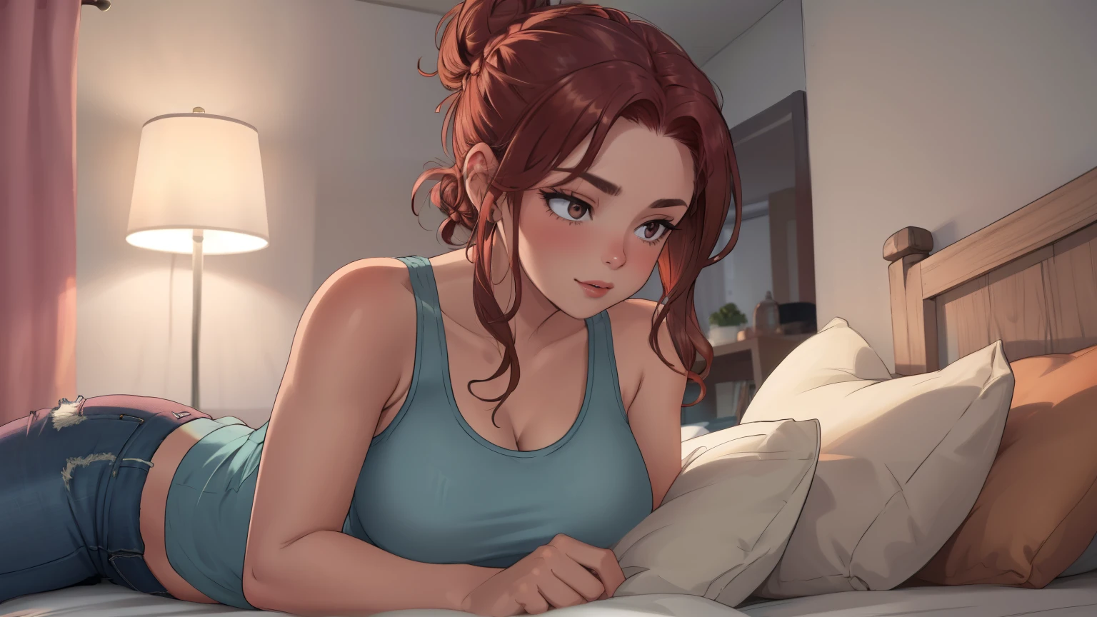 "A cozy room night scene rainy day featuring A woman with short wavy auburn hair tied in a loose bun, wearing a pink tank top and fit jeans, laying on the bed