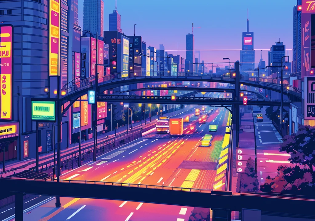 a busy highway, pixel art, colorful detailed buildings, detailed cars, detailed street lights, detailed road markings, detailed traffic lights, detailed road signs, detailed billboards, detailed pedestrians, detailed trees, vibrant colors, digital art style, 8k, high resolution, detailed textures, cinematic lighting, vivid colors, photorealistic