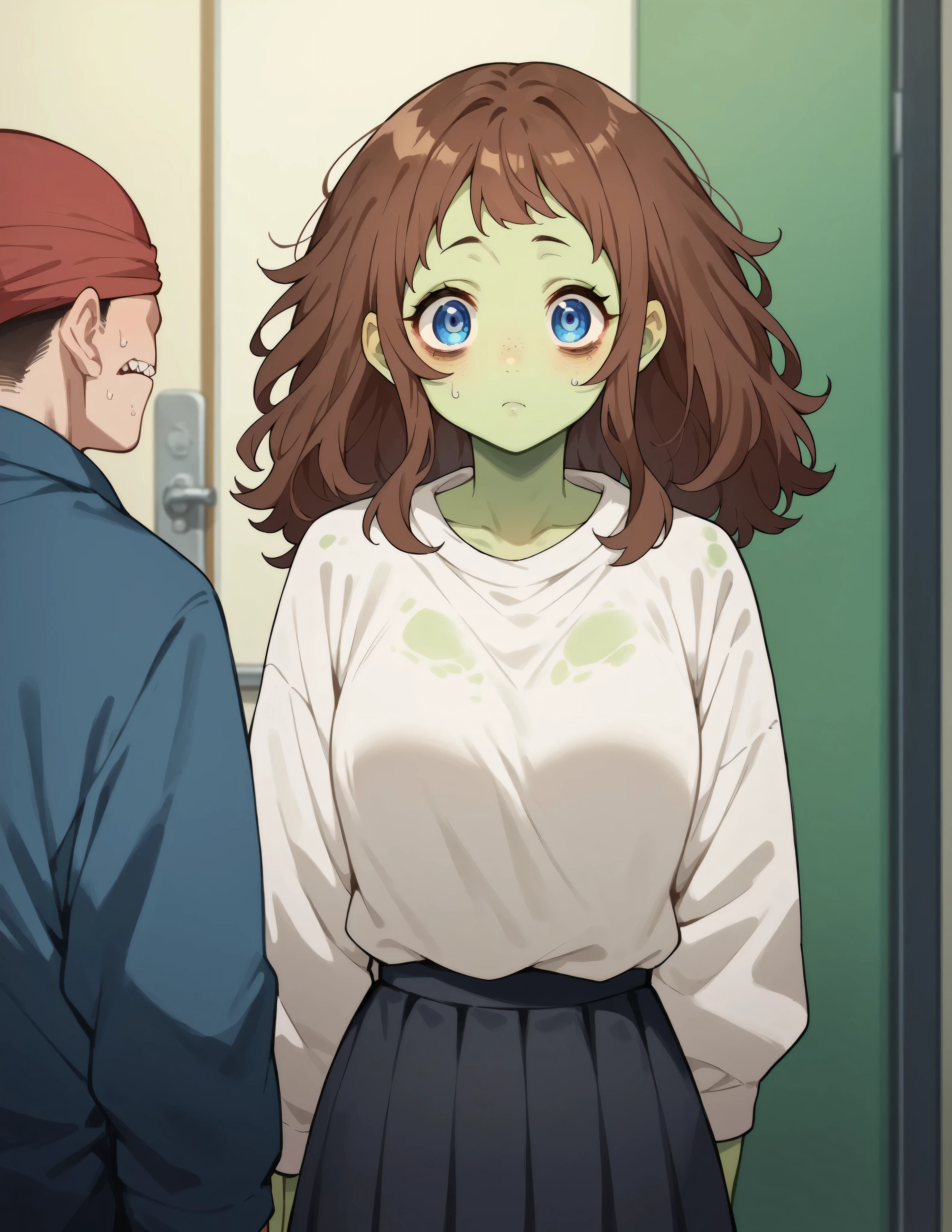  anime zombie girl with brown hair and blue eyes ,  wears a white sweater and a black skirt .  She is bitten in the shoulder by another zombie girl in the background. Now she is also a zombie .  She now looks completely like a zombie with slightly green skin 