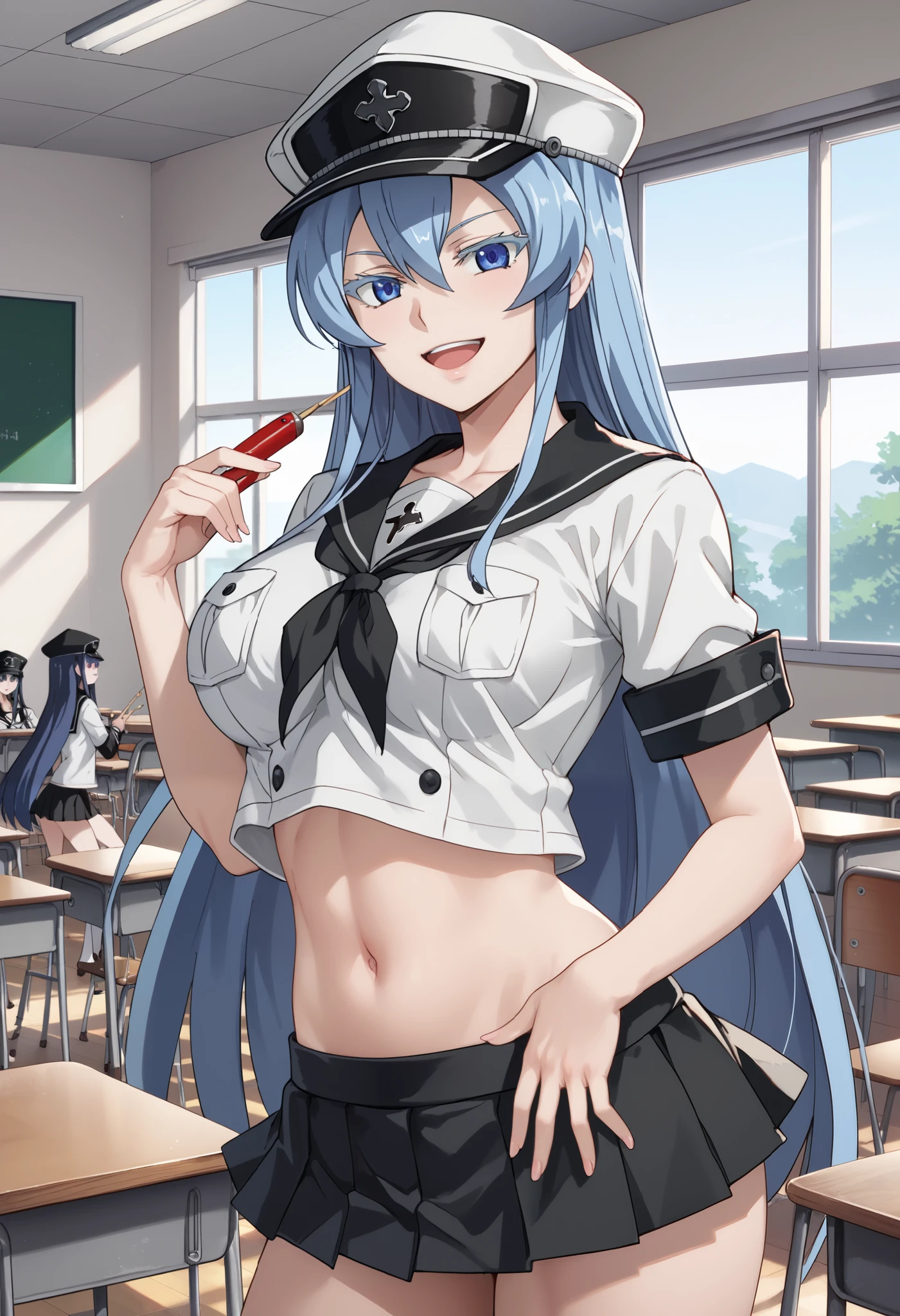 esdeath, blue eyes, blue hair, long hair, large breast, eyelashes, red face, in sailor uniforms with a posing for a picture, evil smile, smile, open mouth,black_serafuku, ecchi anime style, anime girls , ecchi style, ecchi, shipgirls, digital anime art!!, high school girls, anime style 4 k, micro skirt, exposed belly, exposed navel, exposed midriff, exposed lower belly,school, classroom, hat