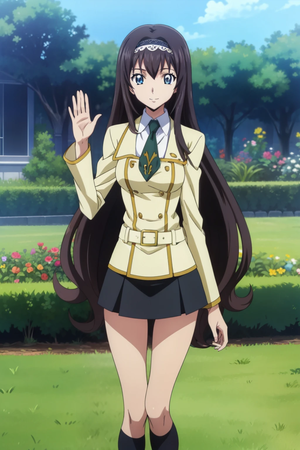 1 girl, cute, black hair, long hair, ((hair band)), (smile), (School Uniform, skirt, knee socks), (Waving widely toward viewer), (In the garden), (anime cels style, Masterpiece, best quality, high resolution, anime colored, megami magazine:1.2, anime poster style, anime keyvisual, sharp, 8k, photorealistic), beautiful blue eyes, 