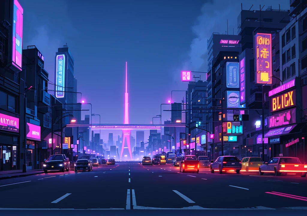 a busy highway at evening, pixel art, detailed street lights, glowing neon signs, retro futuristic architecture, cyberpunk, moody colors, dramatic lighting, highly detailed, 8k, volumetric fog, cinematic composition, masterpiece