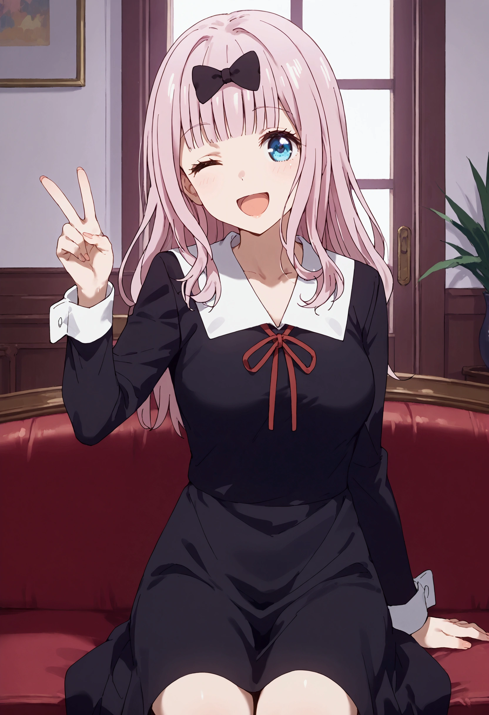 score_9, score_8_up, score_7_up, source_anime,indoors, in a student council room,1girl, fujiwara chika, woman, solo, pink hair, hair bow, long hair, blunt bangs, breasts,
Chika school uniform outfit, Shuuchiin academy school uniform, school uniform, black bow, dress, ribbon, black dress, red ribbon, long sleeves, neck ribbon
cowboy shot, girl sitting on a couch, facing the viewer, looking at the viewer, mouth open, happy girl, expressive eyes, :D, teeth on top row only,making a V sign,one eye closed