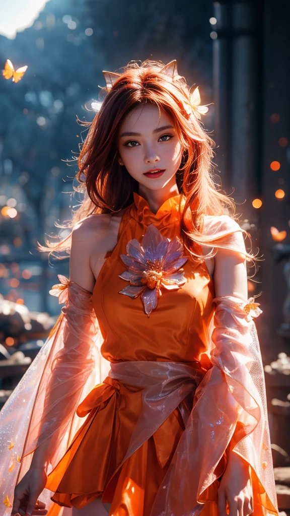 8K Ultra HD, Masterpiece, Best quality, A beautiful girl, very long hair, Impressive hairstyle, Royal hair accessories, nice and cute face, Flawless face, Jewelry earrings, detailed eyes, beautiful eyes, meticulous makeup, Thin eyebrows, Beautiful red lips, huge breasts, Thin pink flowing dress, long bangs and long platinum-red ponytail, Realistic colors, Magic effects and magical aura, ancient hanfu background, flying in the air , Full body capture,