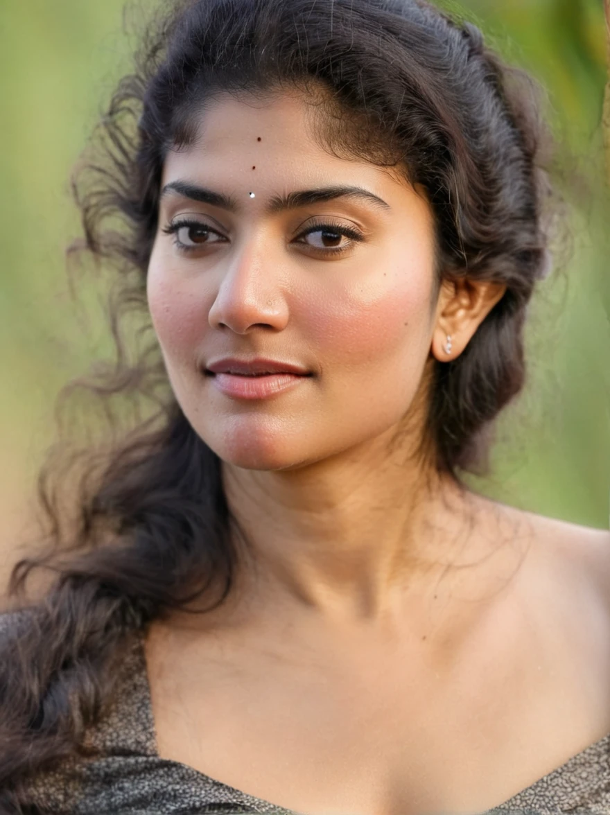 ultrarealistic hires close up photo of a 30-year-old sai pallavi woman, outdoors, realistic skin texture, looking at camera, big boobs, clear juicy skin, thick black curly long hair, beautiful bokeh background 