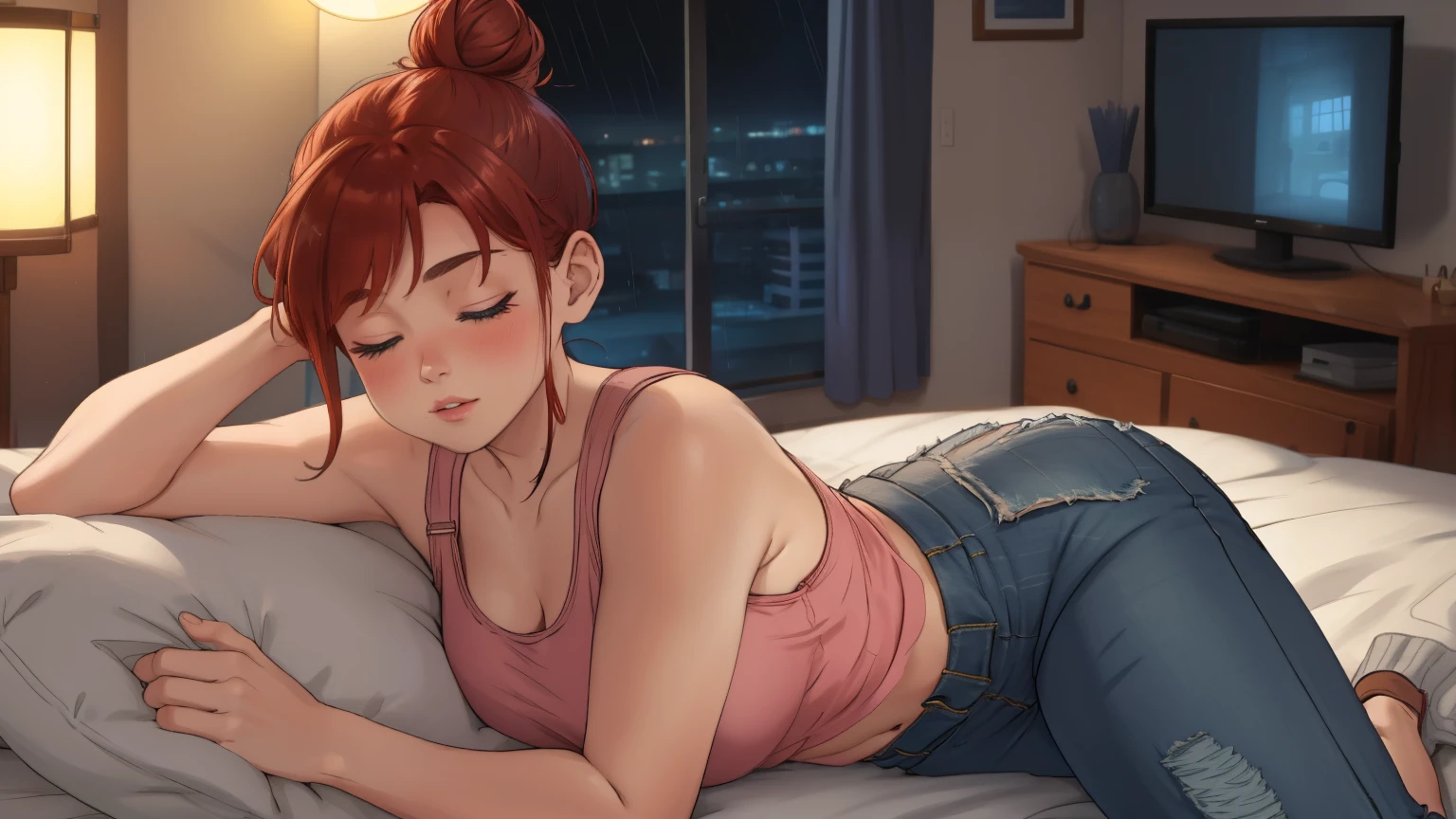 "A cozy room night scene rainy day featuring A woman with short wavy auburn hair tied in a loose bun, wearing a pink tank top and fit jeans, laying on the bed
