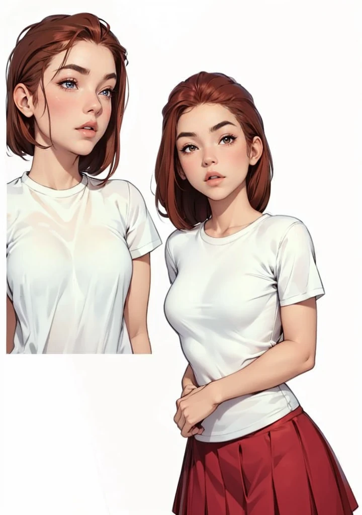 An ultra sexy 16-year-old redhead woman perfect body small breasts thin waist thick legs wide hips she wears a white shirt and red school skirt straight brown hair with a red stripe looking to the right side