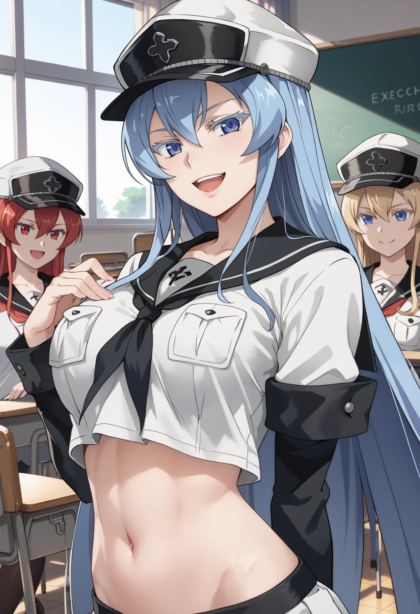 esdeath, blue eyes, blue hair, long hair, large breast, eyelashes, red face, in sailor uniforms with a posing for a picture, evil smile, smile, open mouth,black_serafuku, ecchi anime style, anime girls , ecchi style, ecchi, shipgirls, digital anime art!!, high school girls, anime style 4 k, micro skirt, exposed belly, exposed navel, exposed midriff, exposed lower belly,school, classroom, hat