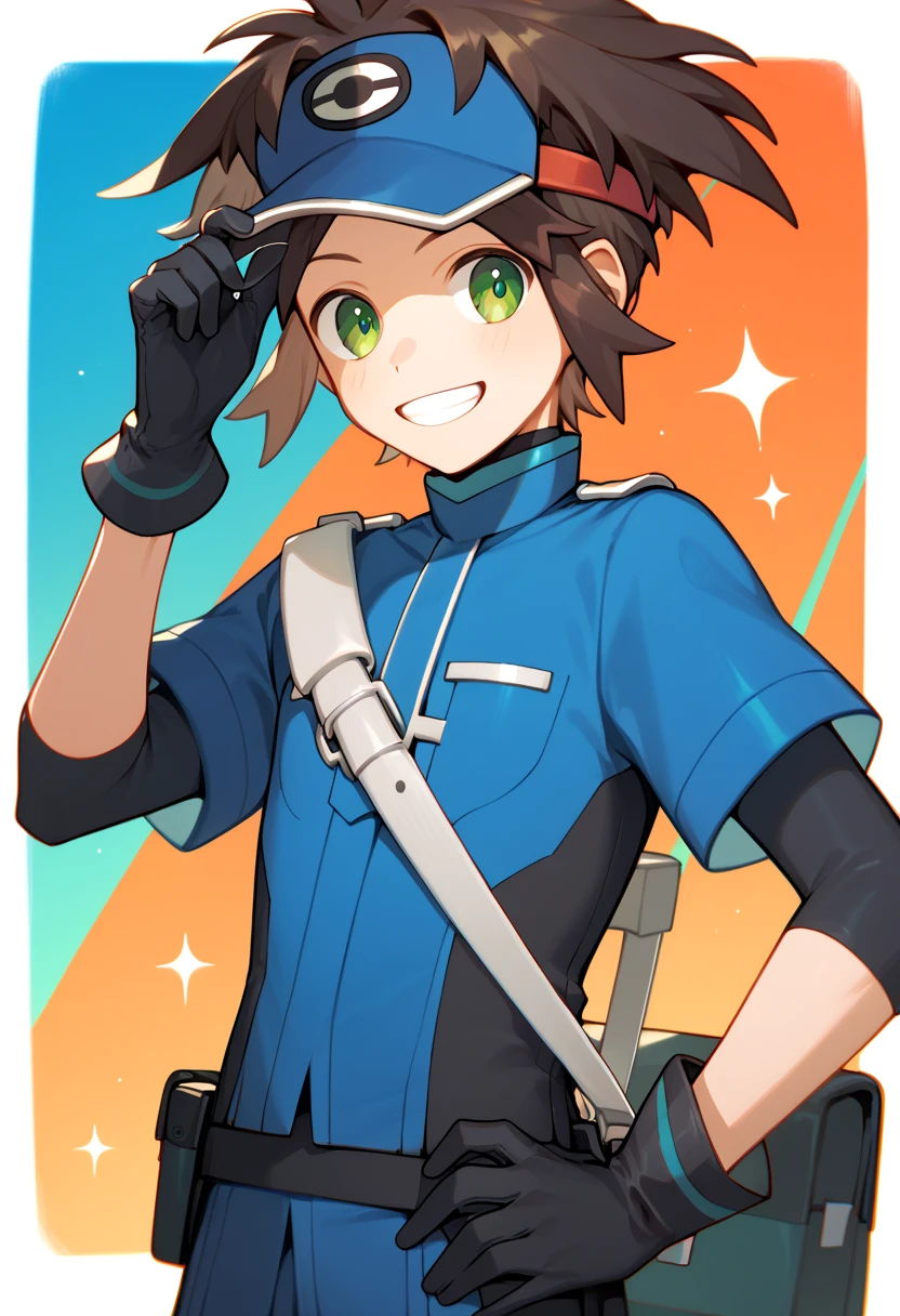 Nate, blue uniform, black metalic gloves, smiling, adult version, no hat, utility belt, green eyes, 