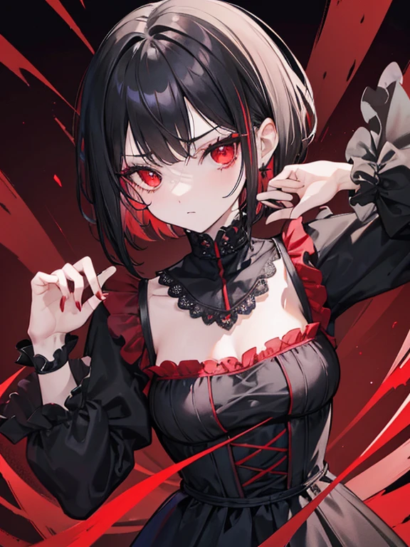 (masterpiece, Highest quality, Highest quality, (No text), beautifully、aesthetic:1.2),No text,anime、 High resolution　break,One Girl，Short black hair　Tree Eyes　Beautiful Eyes　Red eyes　beautiful girl　nice　smile　Black coat　mini skirt　whole body　Night view　Detailed eyes and face
