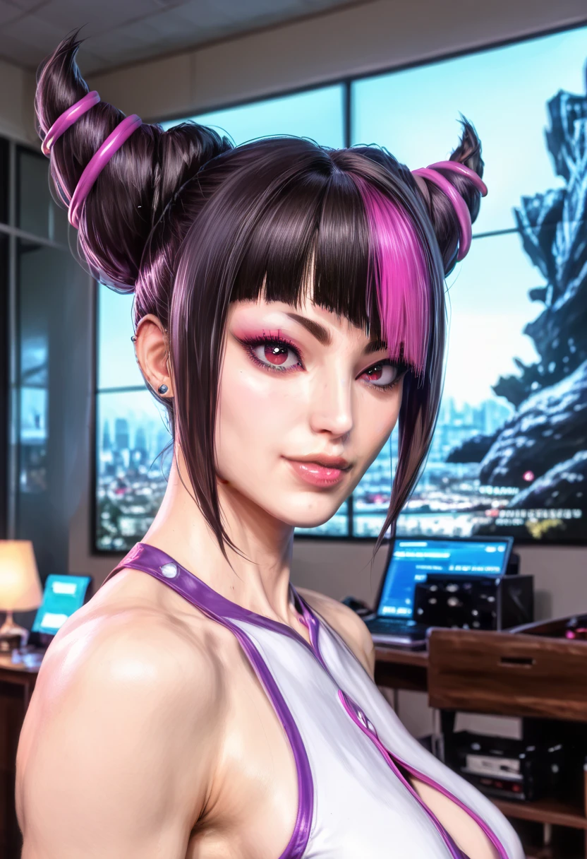 beautiful detailed eyes, beautiful detailed lips, extremely detailed face and features, 1girl, portrait, street fighter, juri han, game character, photorealistic, hyperrealistic, (best quality,4k,8k,highres,masterpiece:1.2),ultra-detailed,(realistic,photorealistic,photo-realistic:1.37),HDR,UHD,studio lighting,ultra-fine painting,sharp focus,physically-based rendering,extreme detail description,professional,vivid colors,bokeh,highly detailed, intricate, impeccable anatomy, incredible realism, striking pose, intense expression, dark outfit, dark hair, piercing gaze, dynamic composition