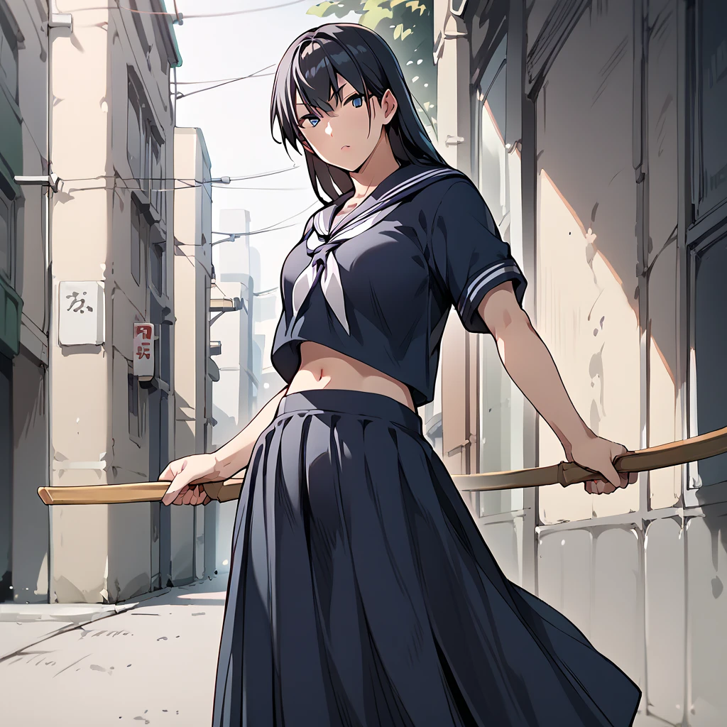 score_9,score_8_up,score_7_up,score_6_up,source_anime,rating_questionable, 1girl, solo, urban setting, sukeban, dark blue serafuku,wooden sword, long skirt, navel,, zPDXL2,