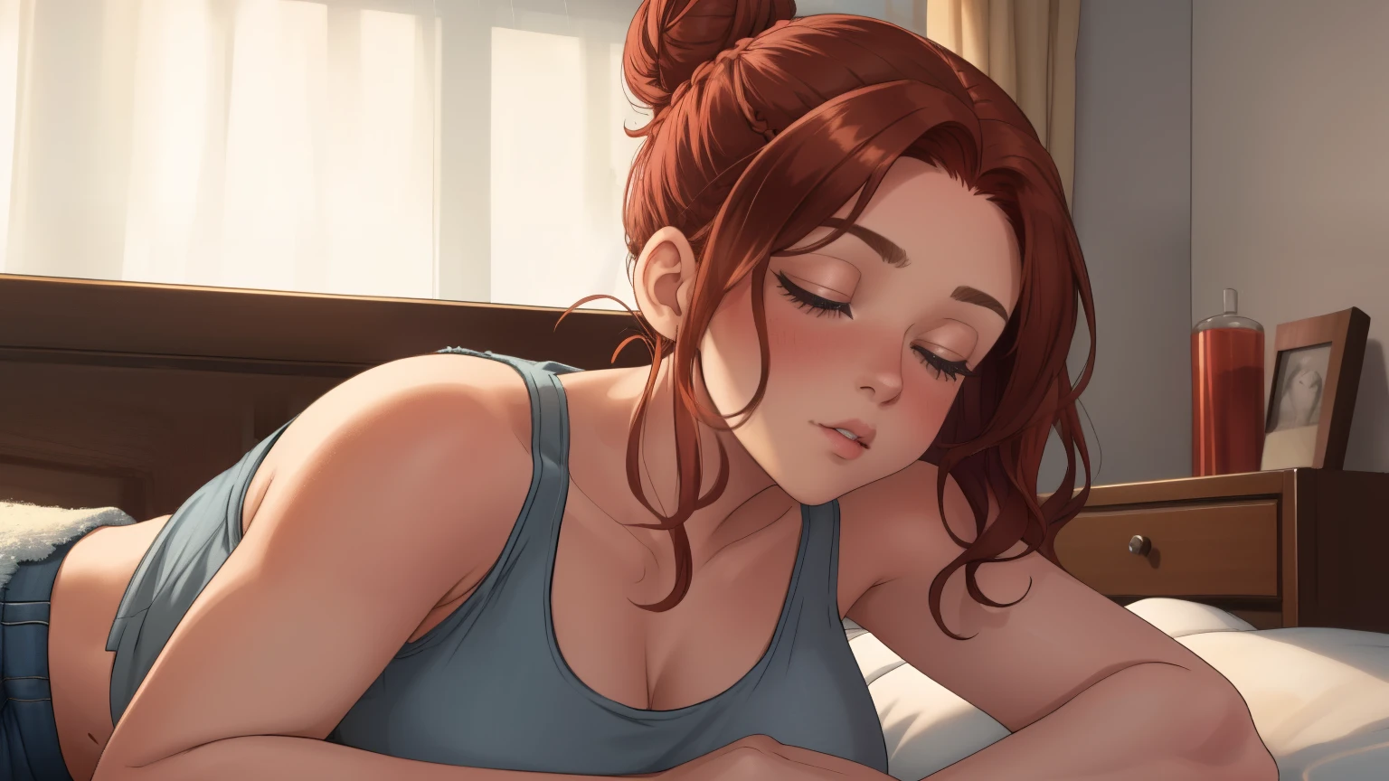 "A cozy room night scene rainy day featuring A woman with short wavy auburn hair tied in a loose bun, wearing a pink tank top and fit jeans, laying on the bed
